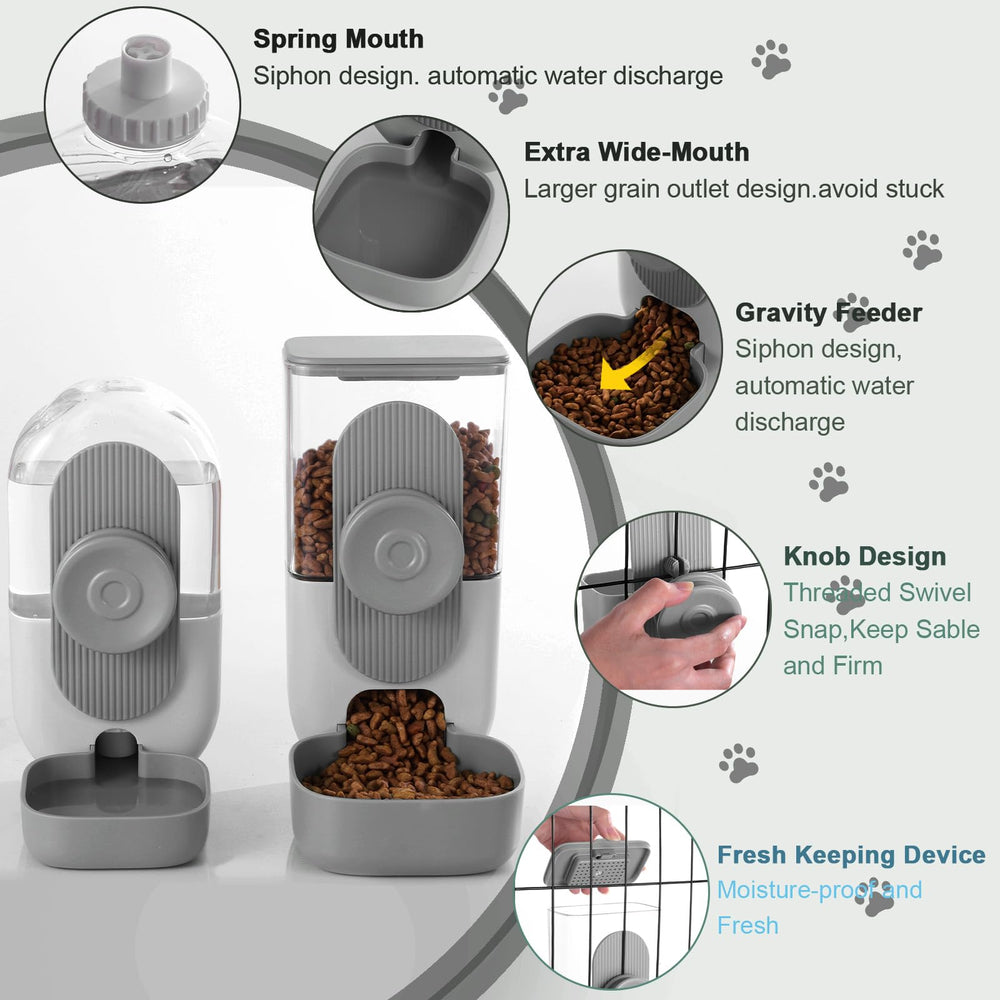 Lemtrflo dog cat food and water dispenser setup in cage.
