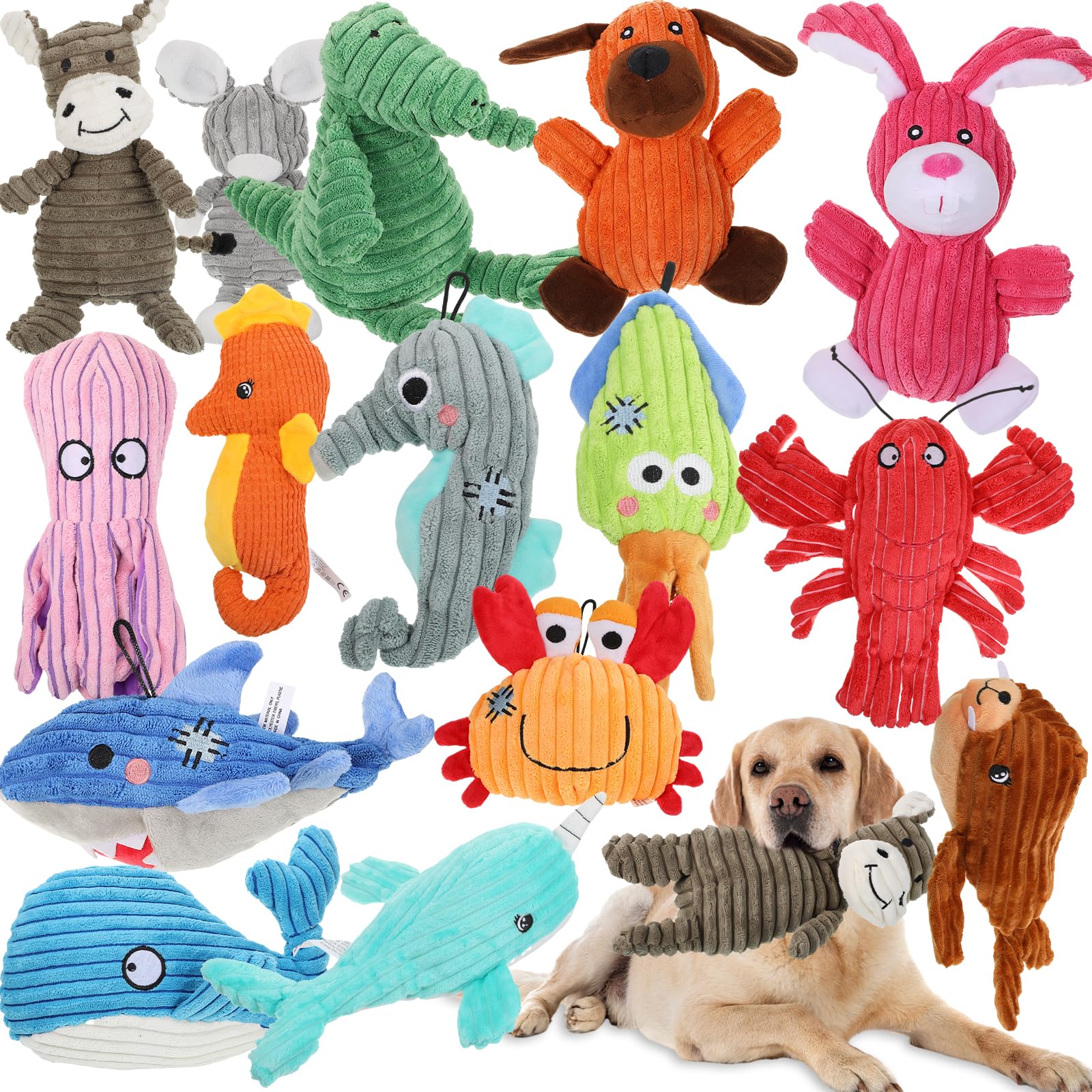 Lenwen 15-pack dog toys safari-sea-animals set keeps dogs entertained with colorful wildlife designs.