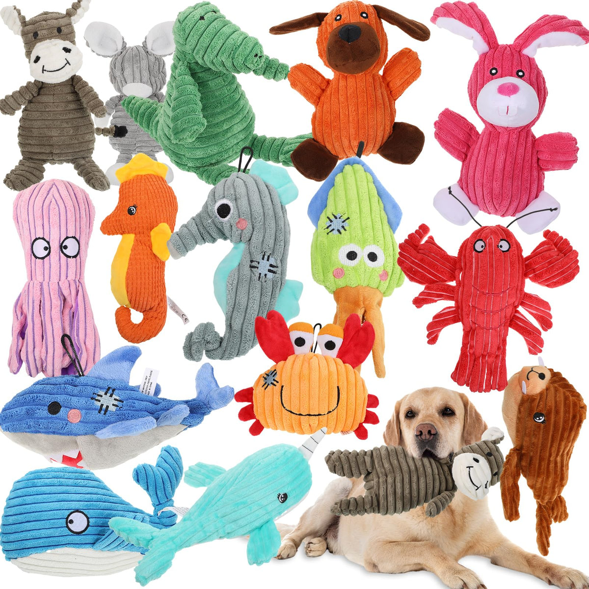 Lenwen 15-pack dog toys safari-sea-animals set keeps dogs entertained with colorful wildlife designs.