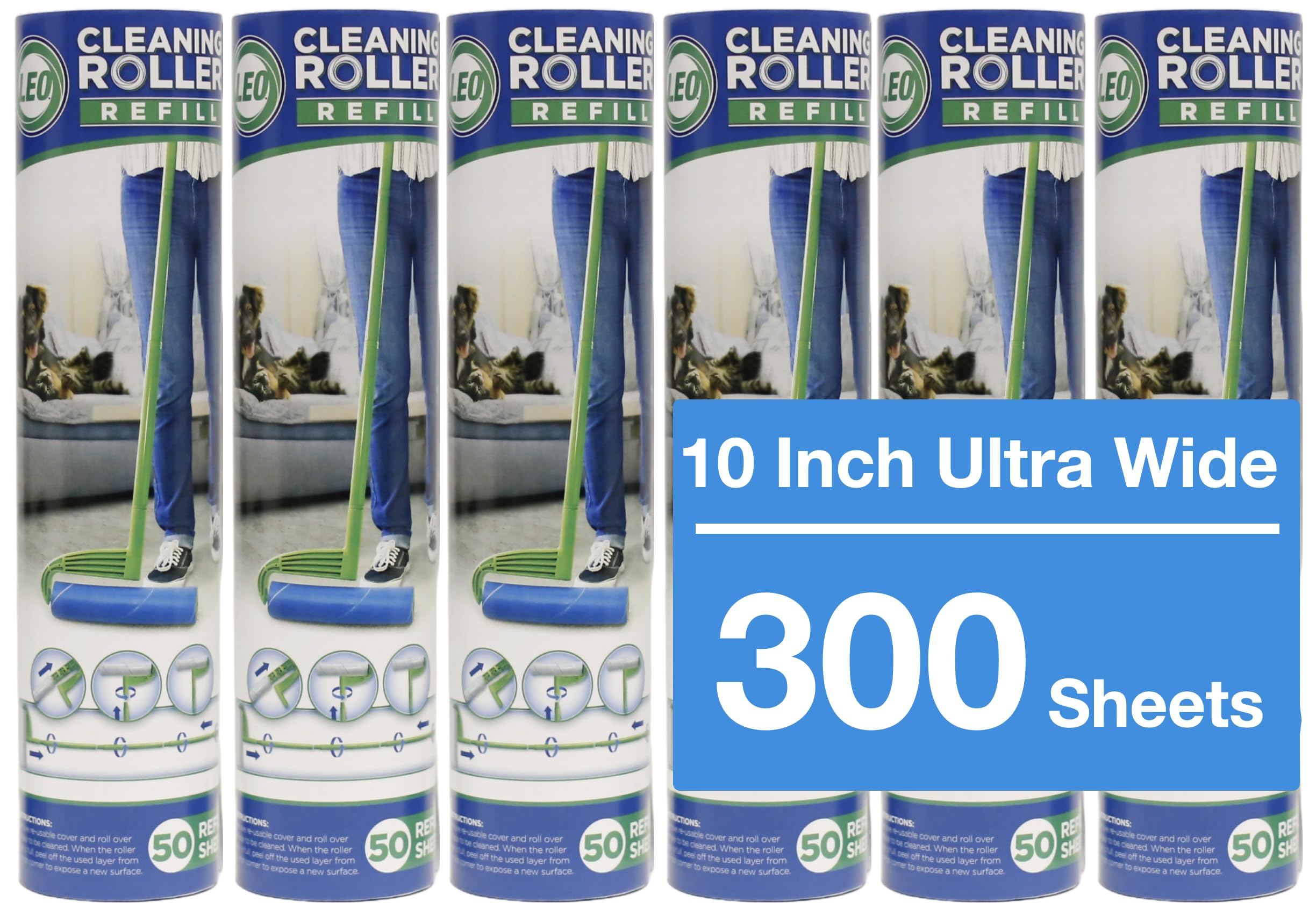 Leo large ten-inch wide lint roller refills 6-pack for heavy pet hair cleanup