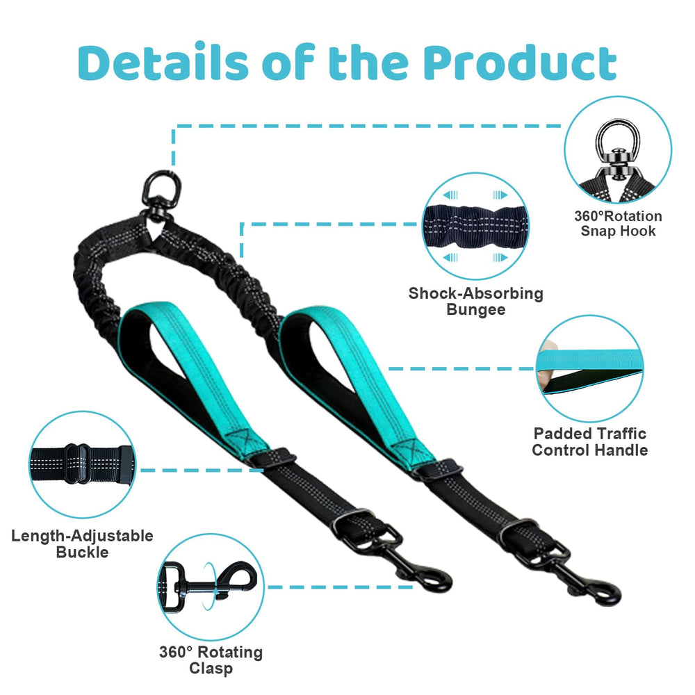LEOSASA 360-swivel clip prevents twisting while two dogs move in synchrony.