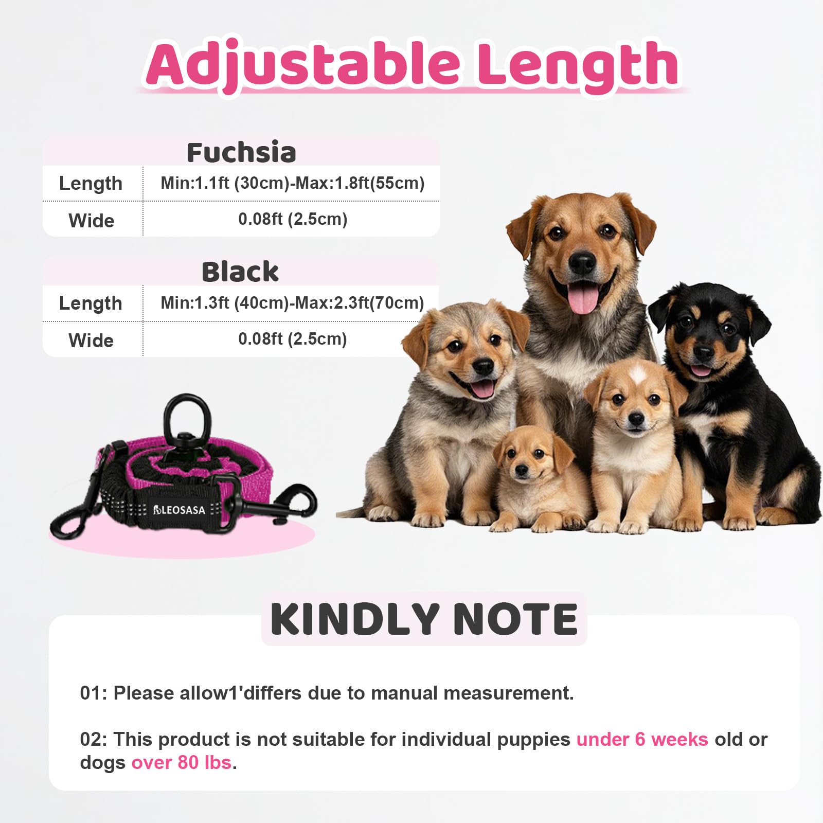 LEOSASA double dog leash shows adjustable length for medium and large dogs