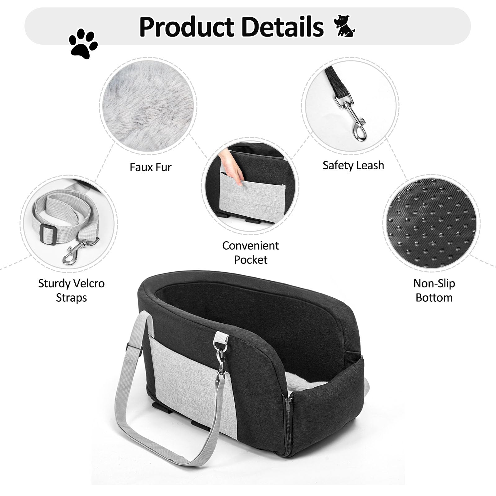 Lepark center-console dog seat shows adjustable straps securing to car headrests.
