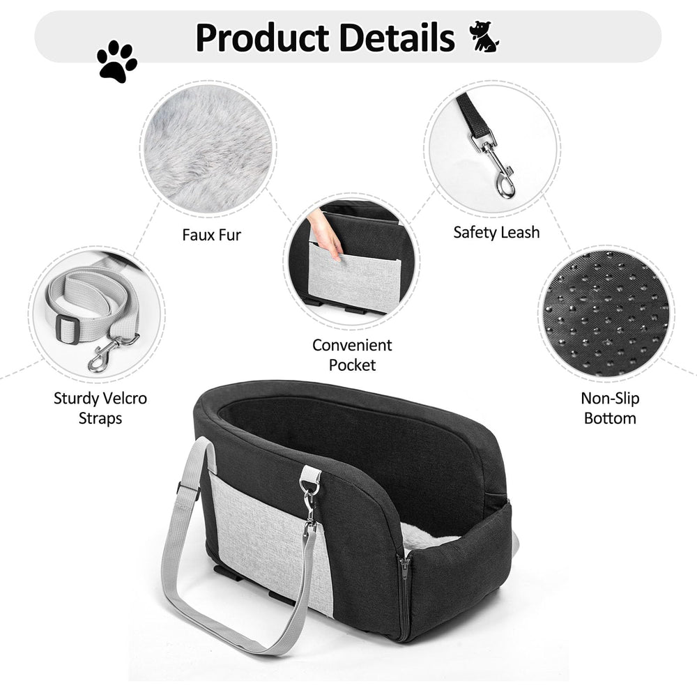 Lepark center-console dog seat shows adjustable straps securing to car headrests.