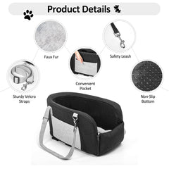 Lepark center-console dog seat shows adjustable straps securing to car headrests.