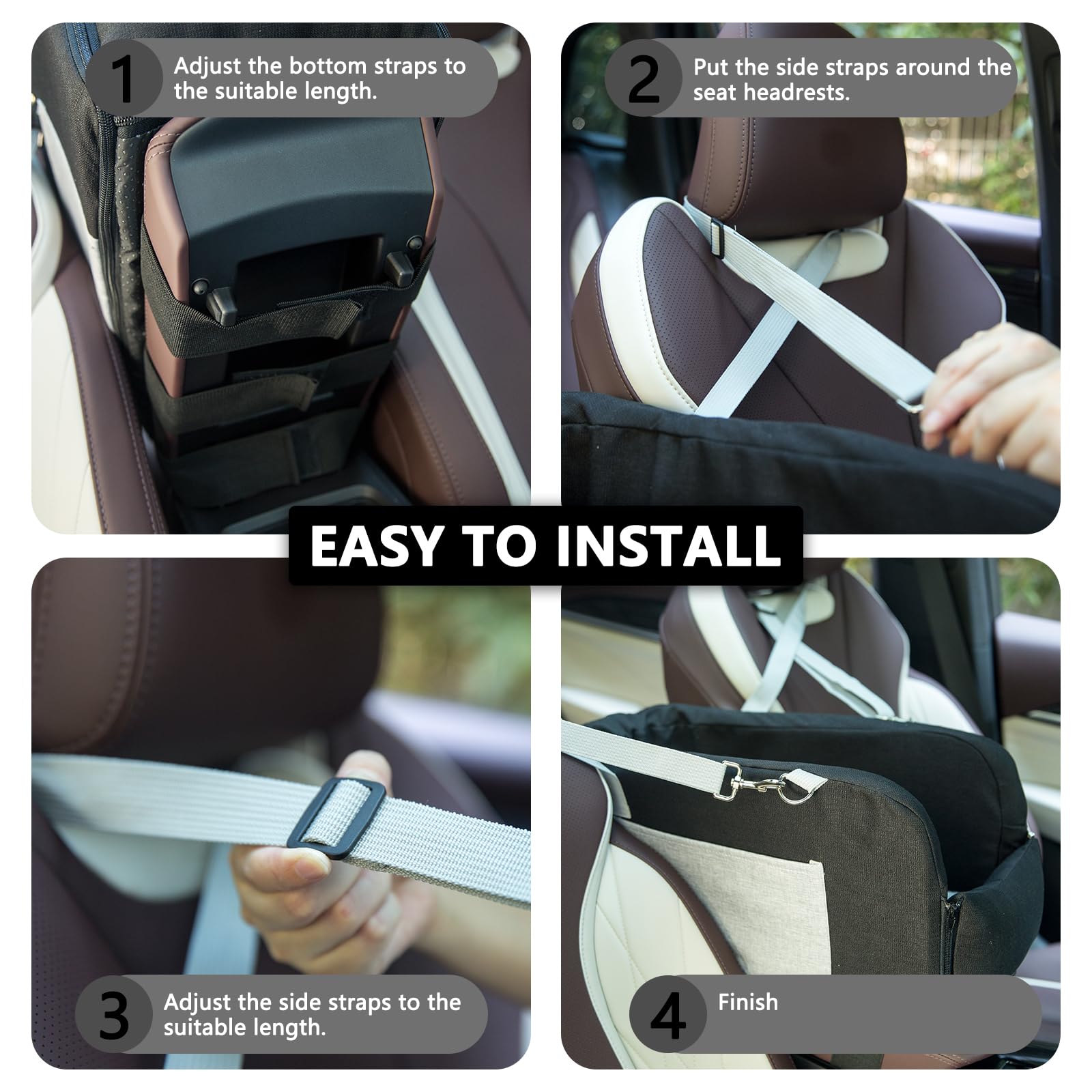Lepark center-console dog seat dimensions shown to help ensure a proper fit for small pets.