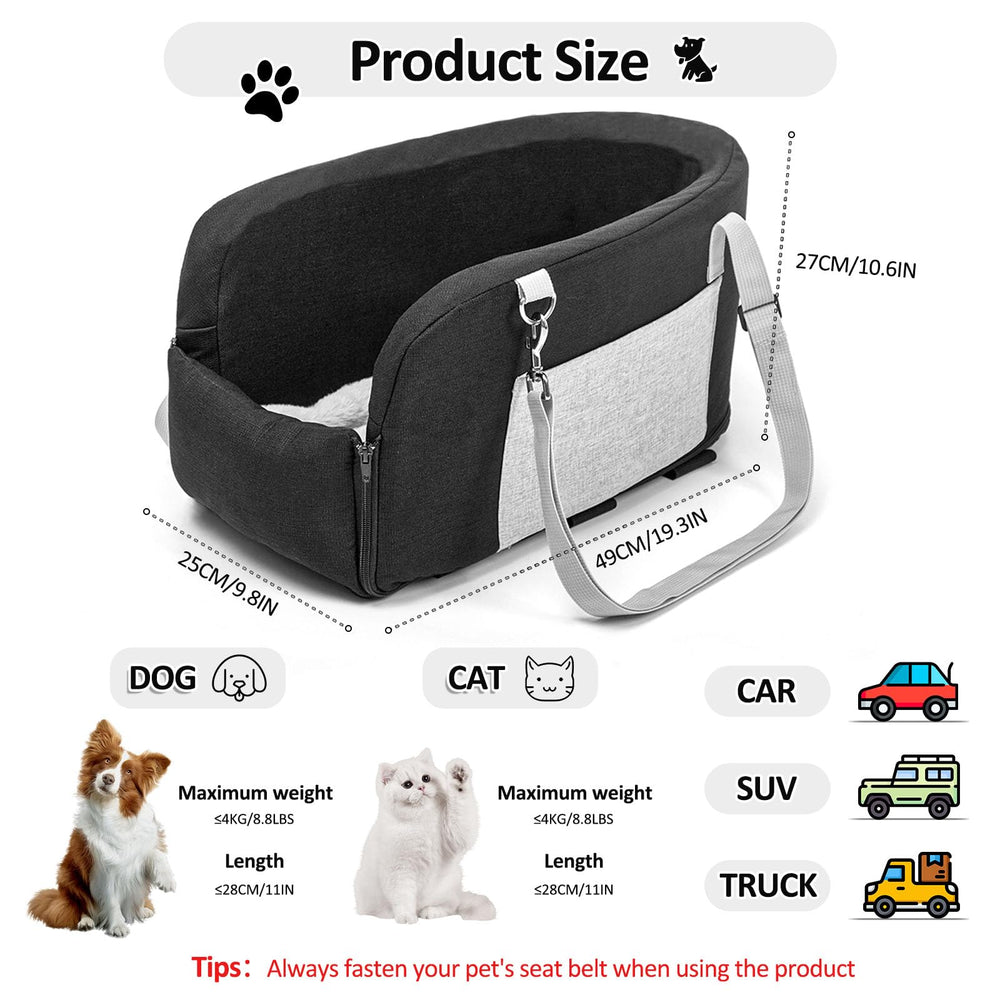 Lepark center-console dog seat featuring side storage pockets for treats and essentials.