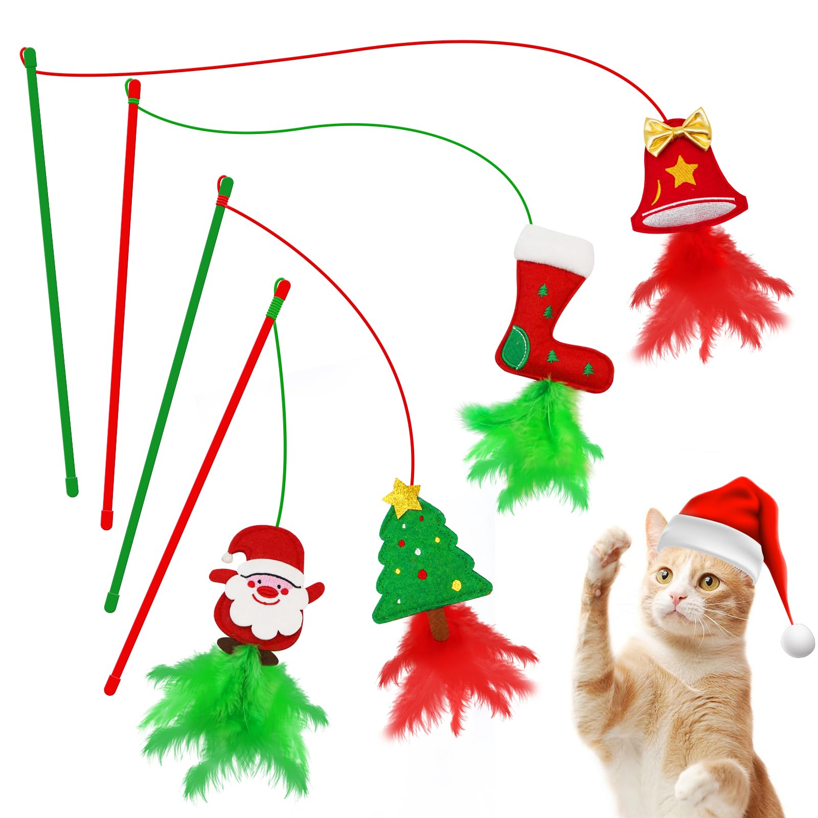 Lepawit Christmas Cat Toys 4-pack wand toys with feathers for interactive play.