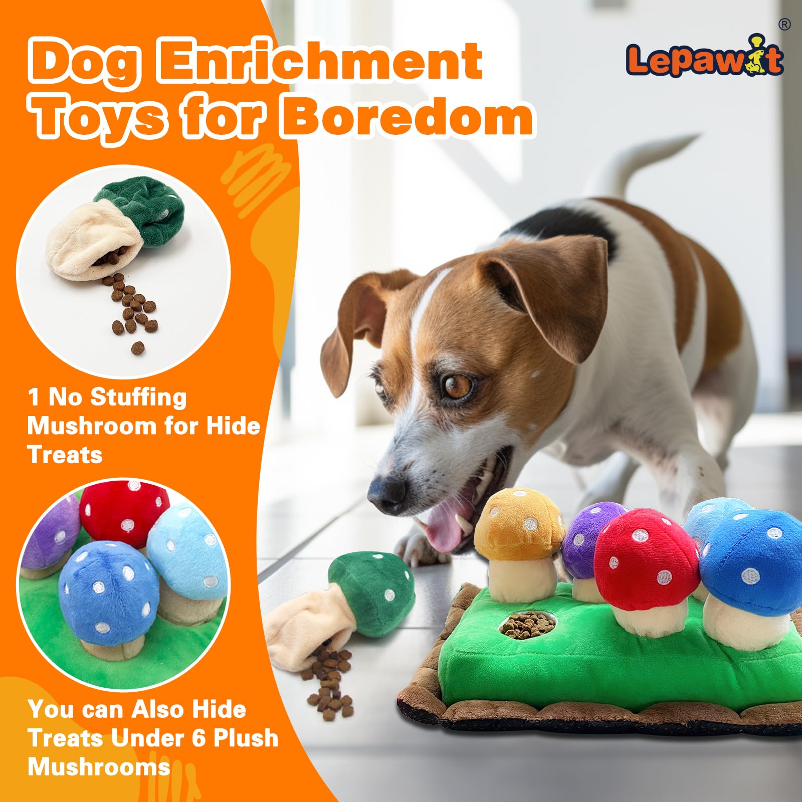 Lepawit Hide and Seek mushrooms pack image demonstrates squeaky rewards that keep dogs engaged indoors.