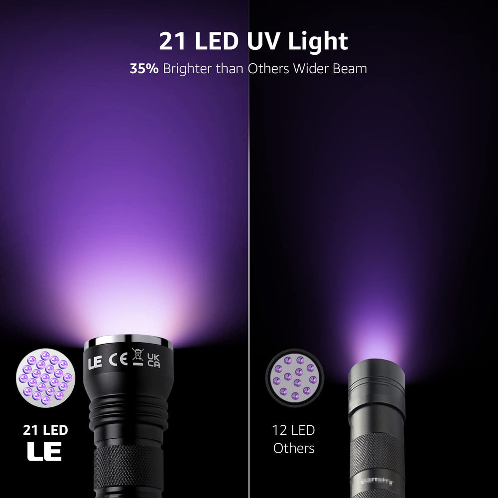 Lepro UV flashlight with LEDs illuminated showing brightness