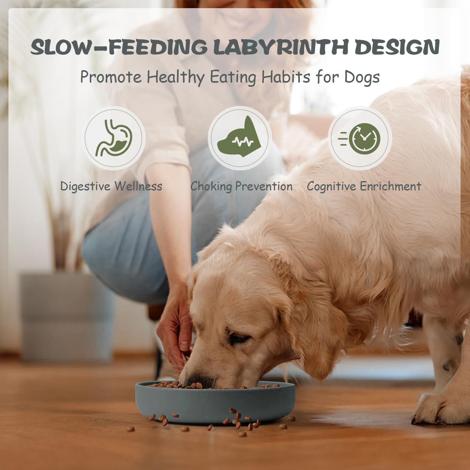 Lesipee slow feeder bowl in-use with eager dog during meal.
