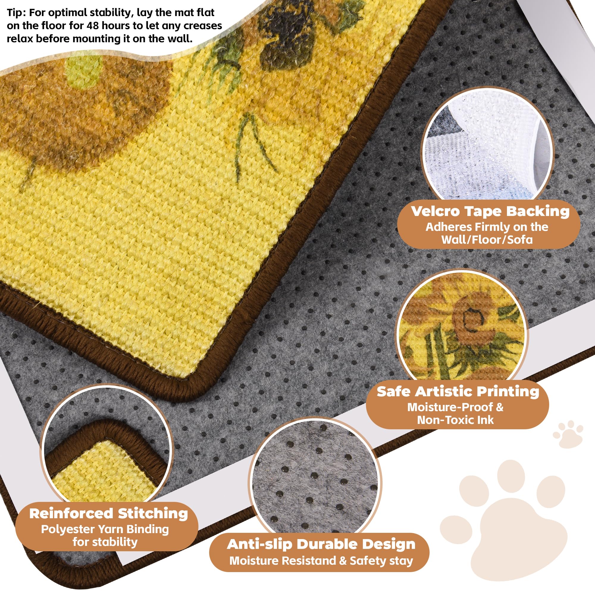 Lesissmer sisal cat scratcher mat anti-slip back ensures steady placement on floors and furniture.