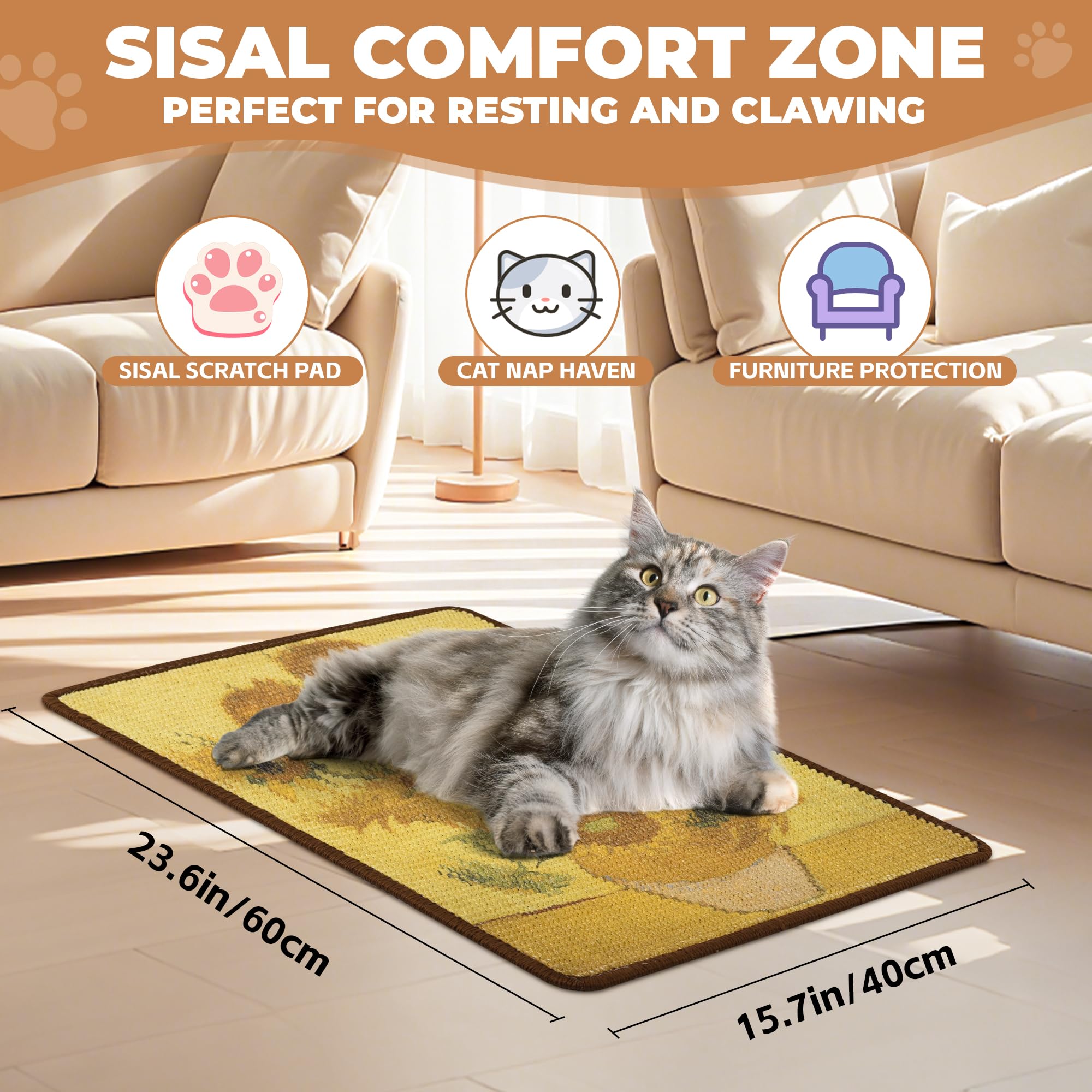 Lesissmer sisal cat scratcher mat closeup of sisal fibers shows durable, natural texture for scratching.