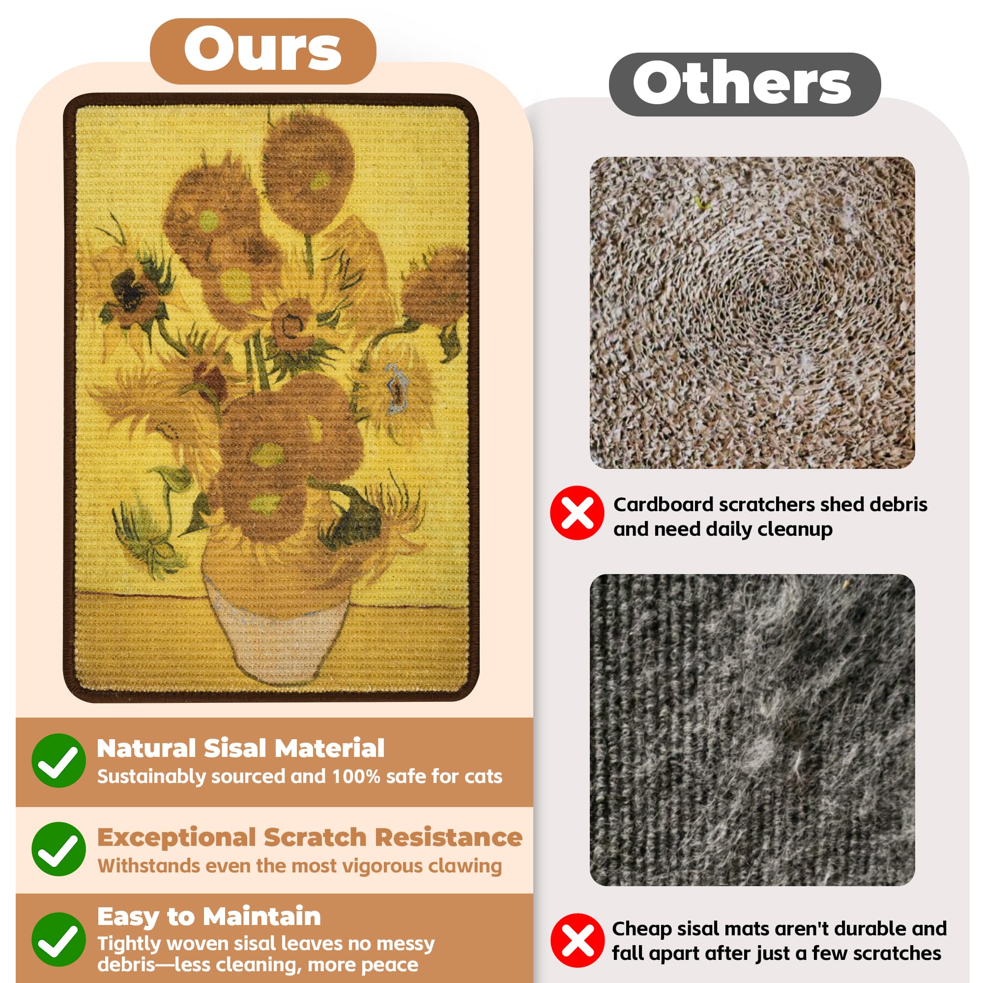 Lesissmer sisal cat scratcher mat with Velcro strips enables quick secure mounting.