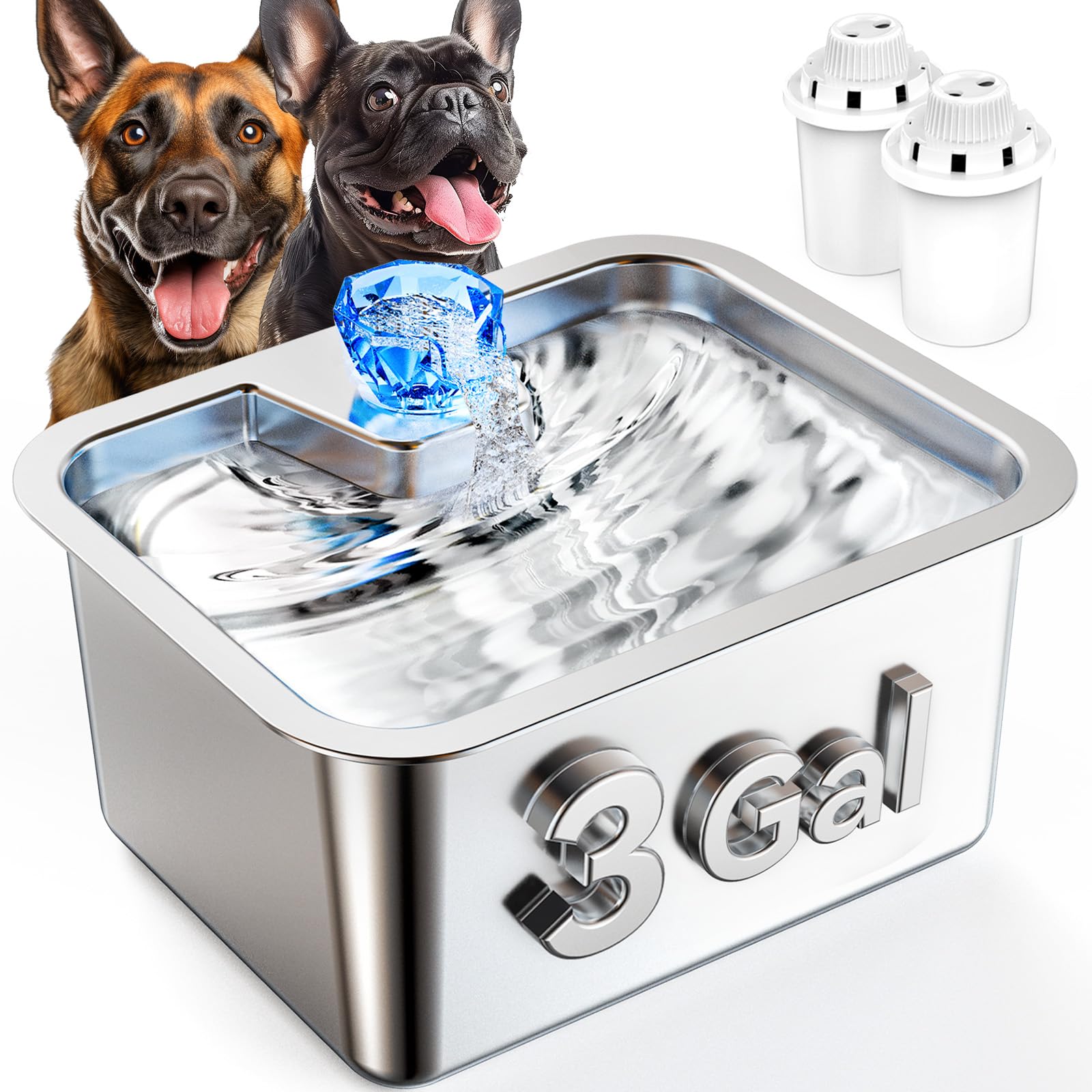 Lesotc 3 gallon large dog water fountain top view showing spacious stainless bowl for big breeds