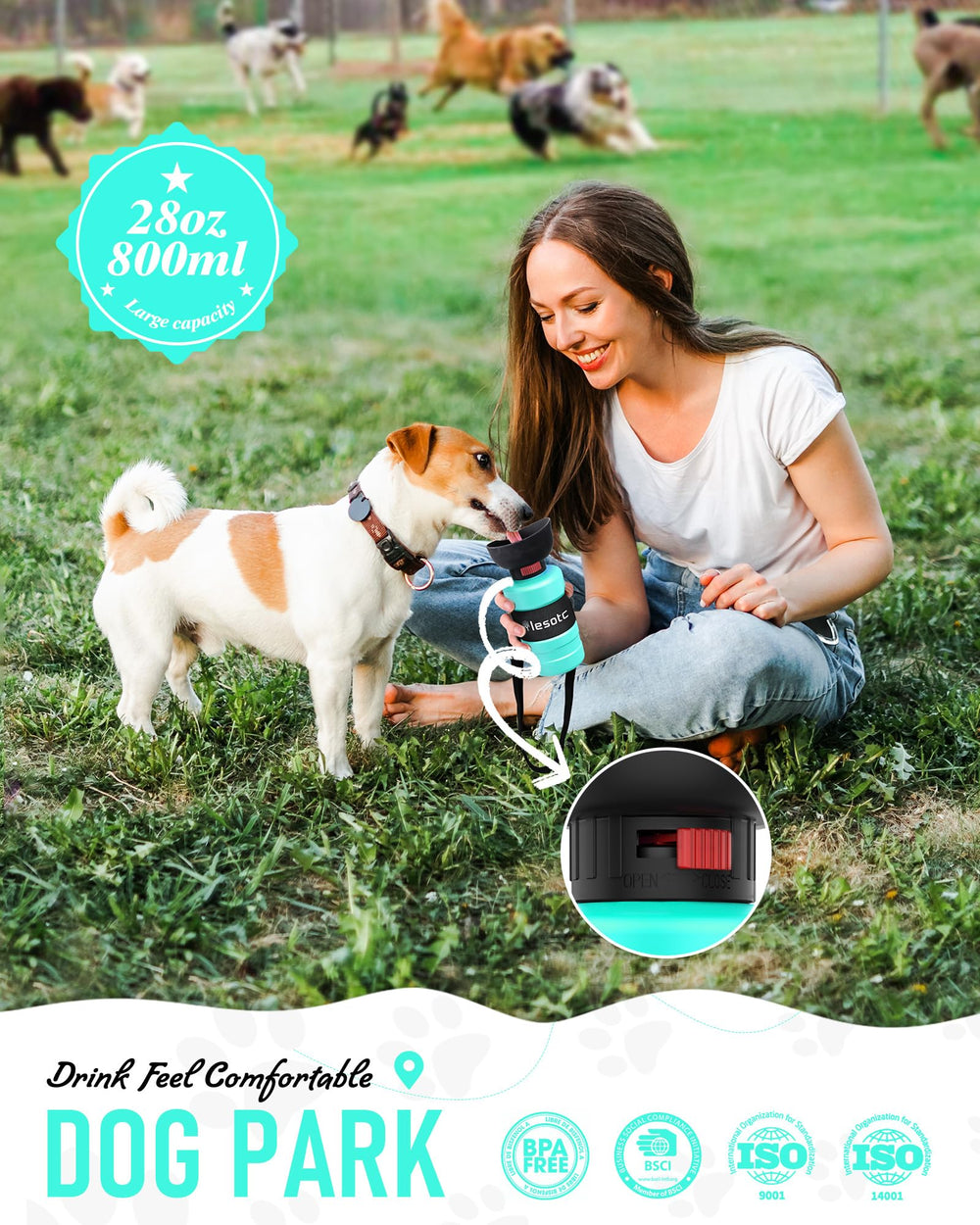 Lesotc dog water bottle cap open shows easy access for hydration on the go