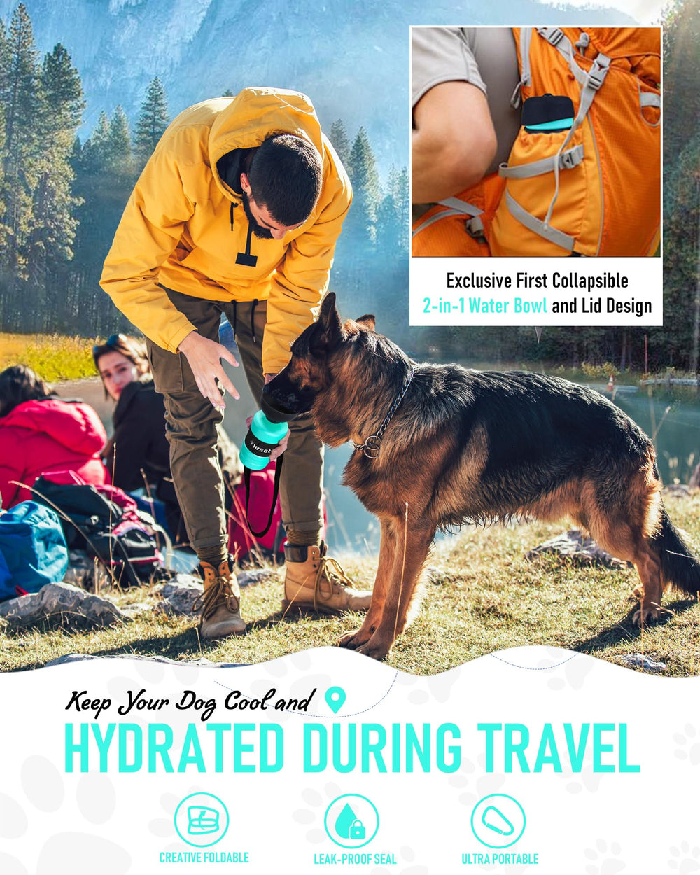 Lesotc dog water bottle fold cap bowl reveals built-in water bowl for pets
