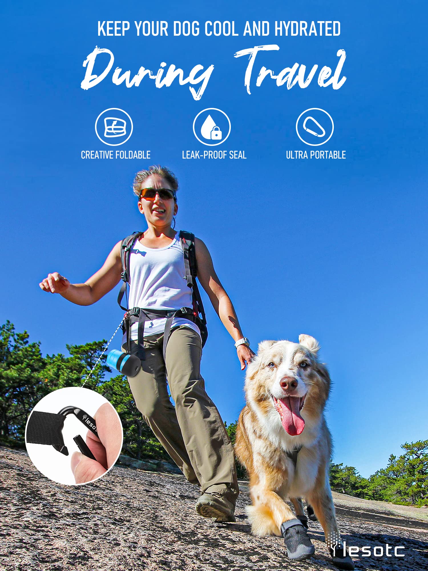 lesotc dog water bottle leak-proof push-button keeps water clean during travel.