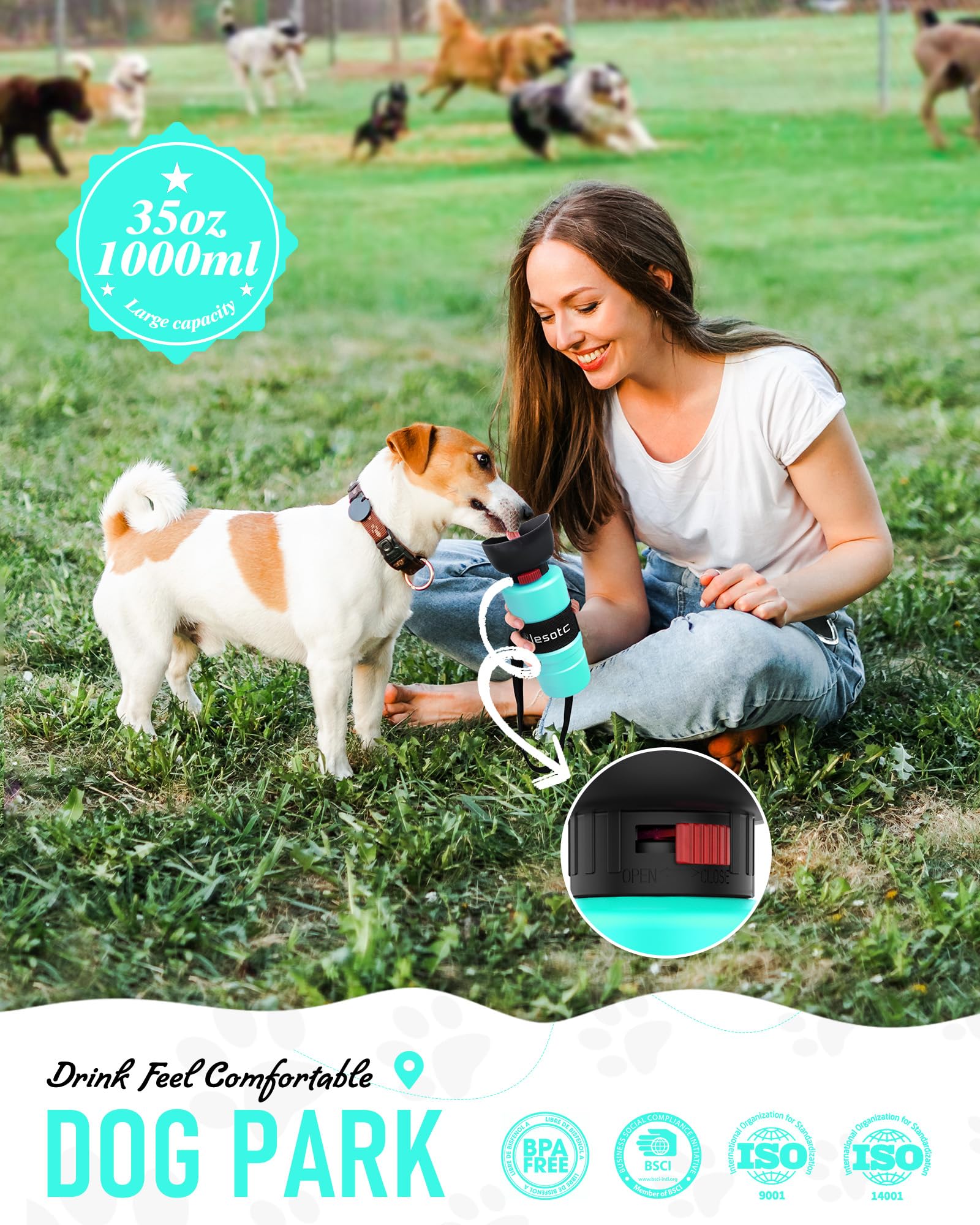 lesotc dog water bottle leak-proof push-button lock prevents spills