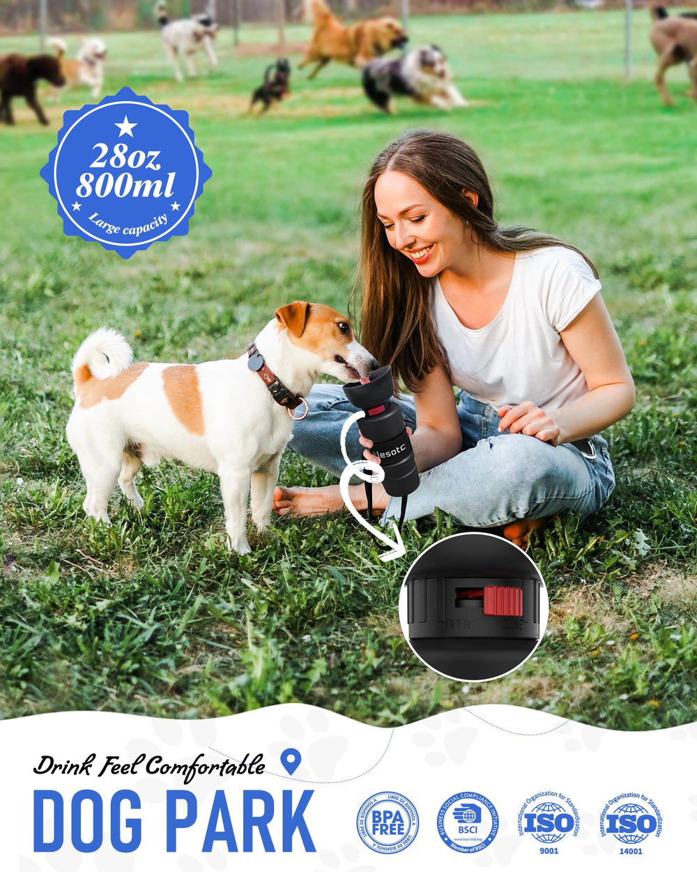 Lesotc portable water bowl fold-cap in use during dog walk.