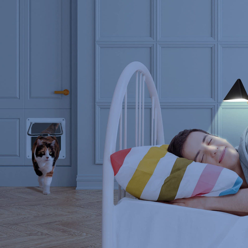 Lessmon cat door-4-way-lock highlights flexible access modes for pets and containment.
