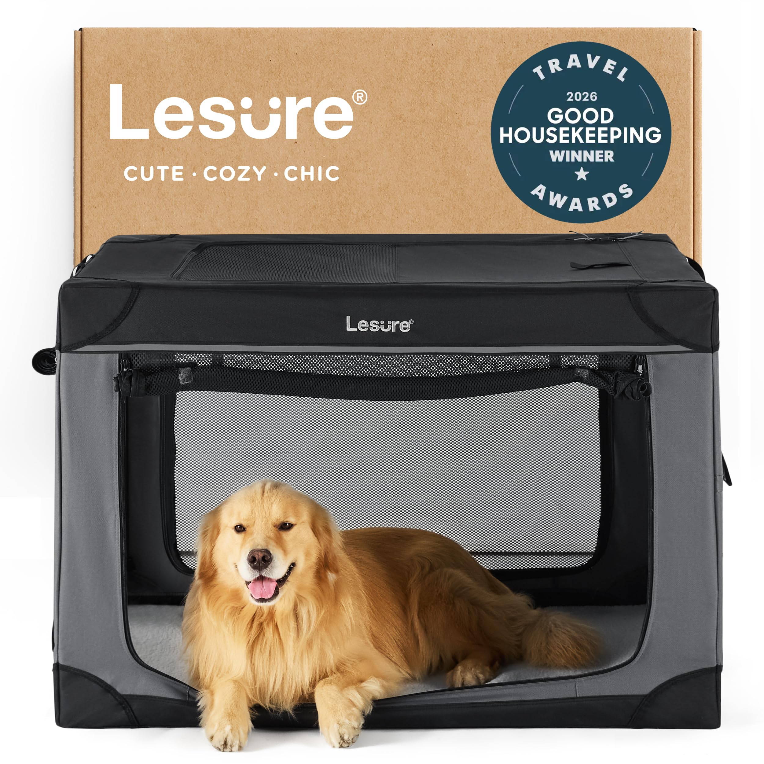 LE SURE 42in soft collapsible crate folded in its storage bag for easy travel.