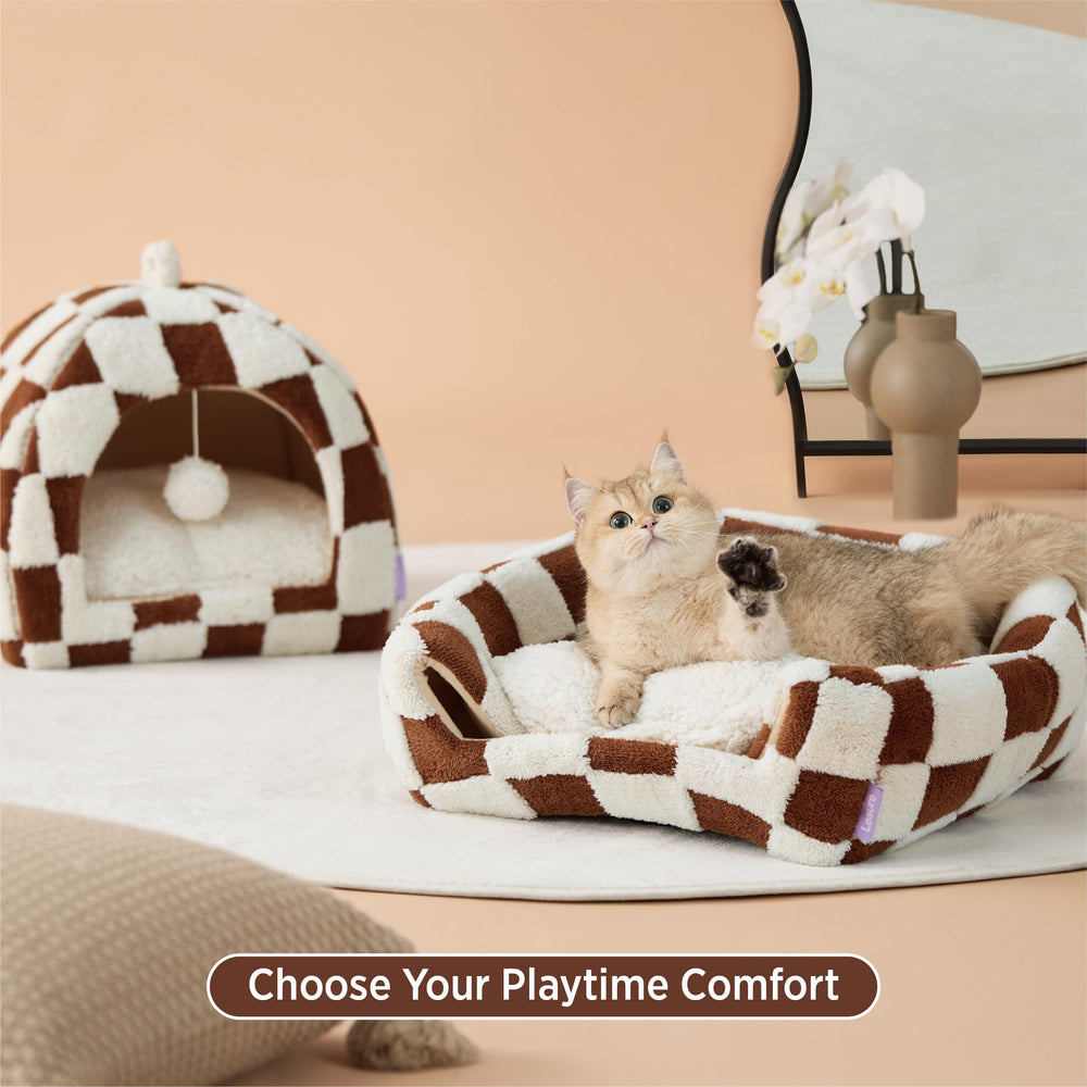 LE SURE Lesure cat bed with toy-ball entrance supports playful stay-at-home entertainment.