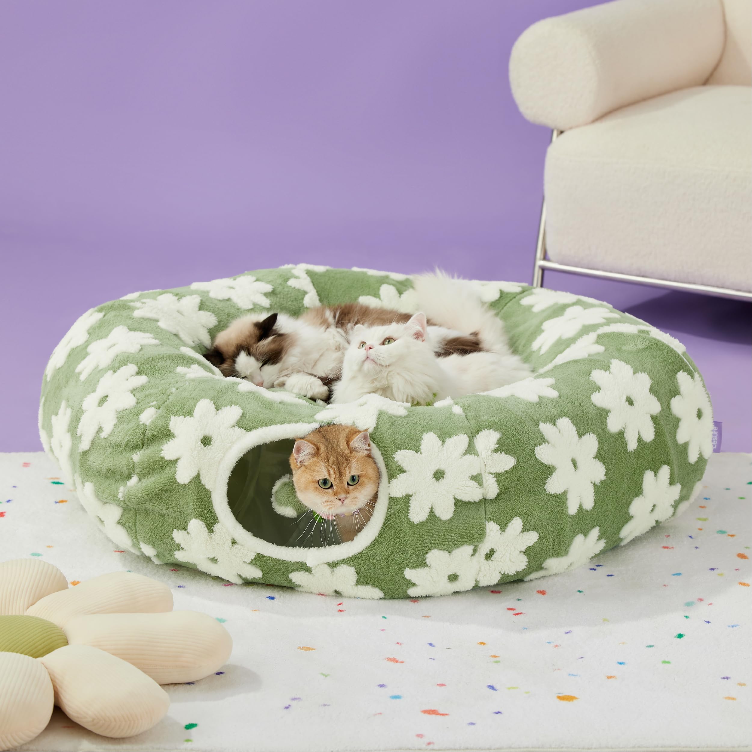 Lesure home-scene green design blends with decor while providing a cozy cat cave.