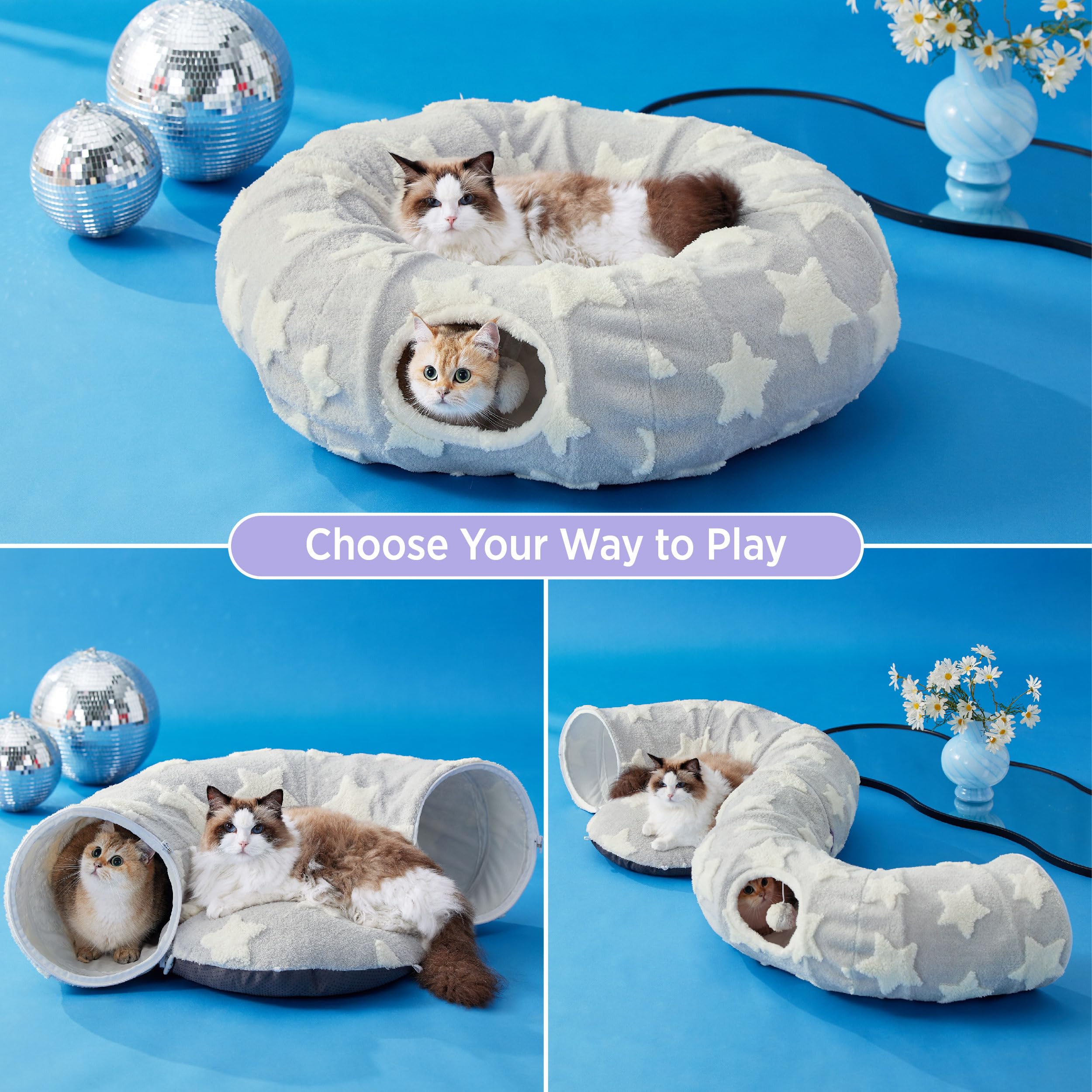 Lesure cat tunnel bed with peekaboo cave entrance for playful hiding.