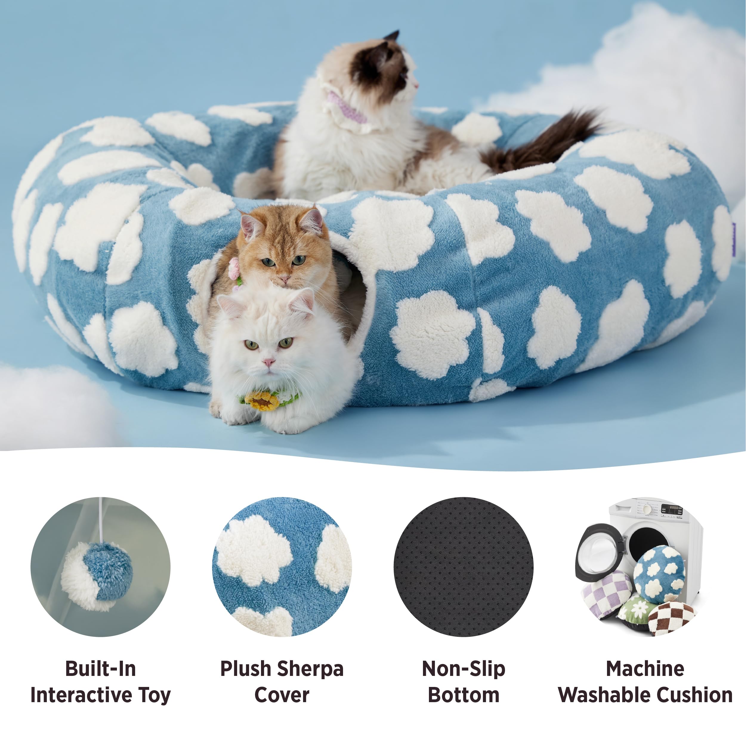 Lesure cat tunnel bed two toy balls demonstrates added enrichment and multi-cat engagement.