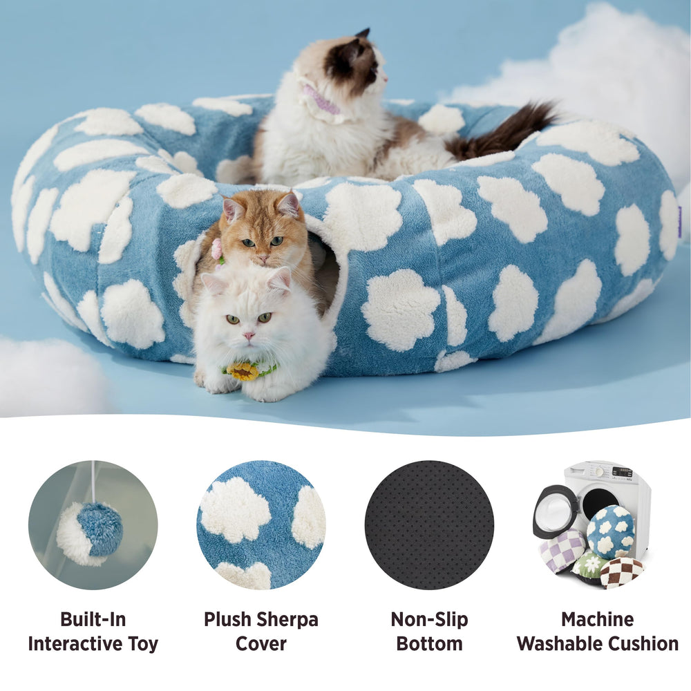 Lesure cat tunnel bed two toy balls demonstrates added enrichment and multi-cat engagement.