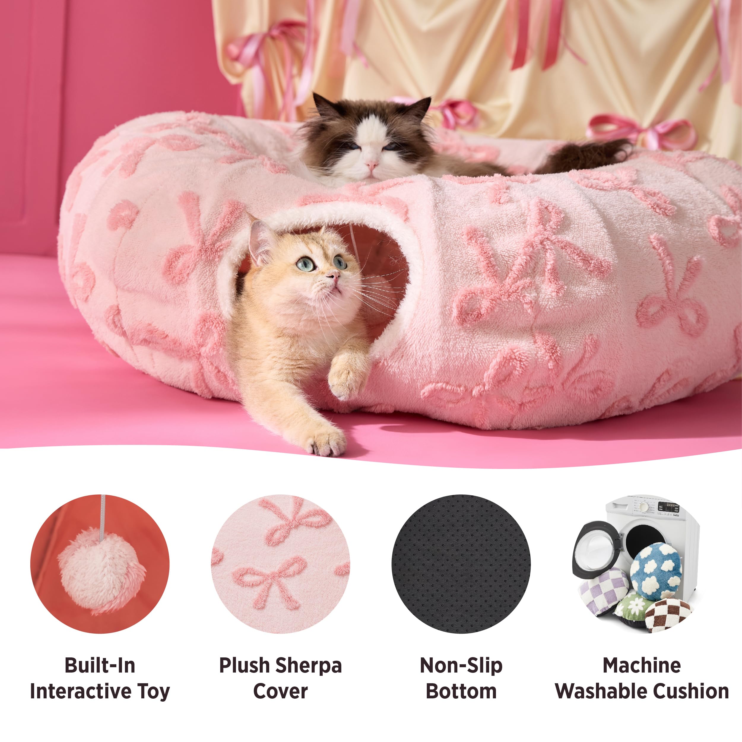LE SURE cat tunnel bed with two toy balls promotes interactive feline fun.