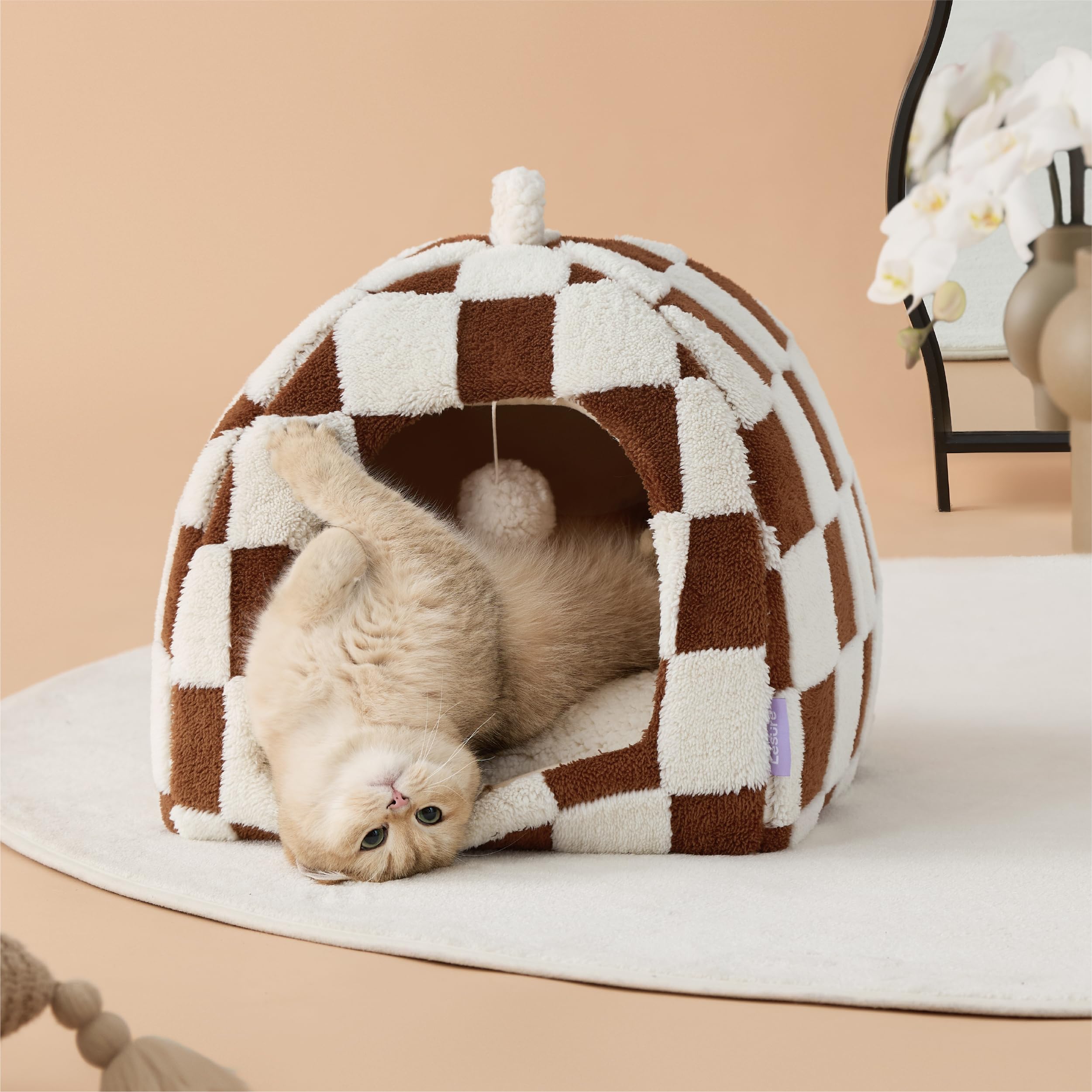 LE SURE Lesure cave bed interior cushion Sherpa view offers warm, inviting napping spot.