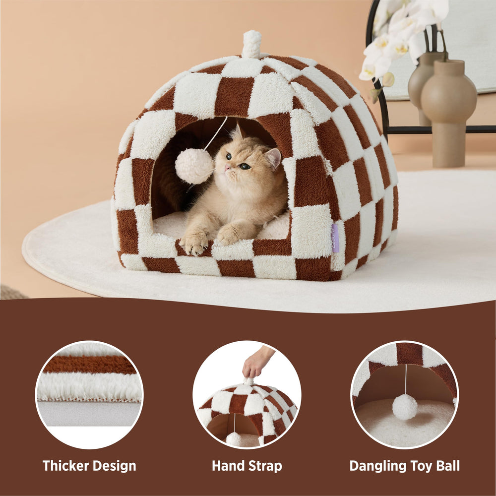LE SURE Lesure cat bed dangled-toy encourages playful engagement at the entrance.