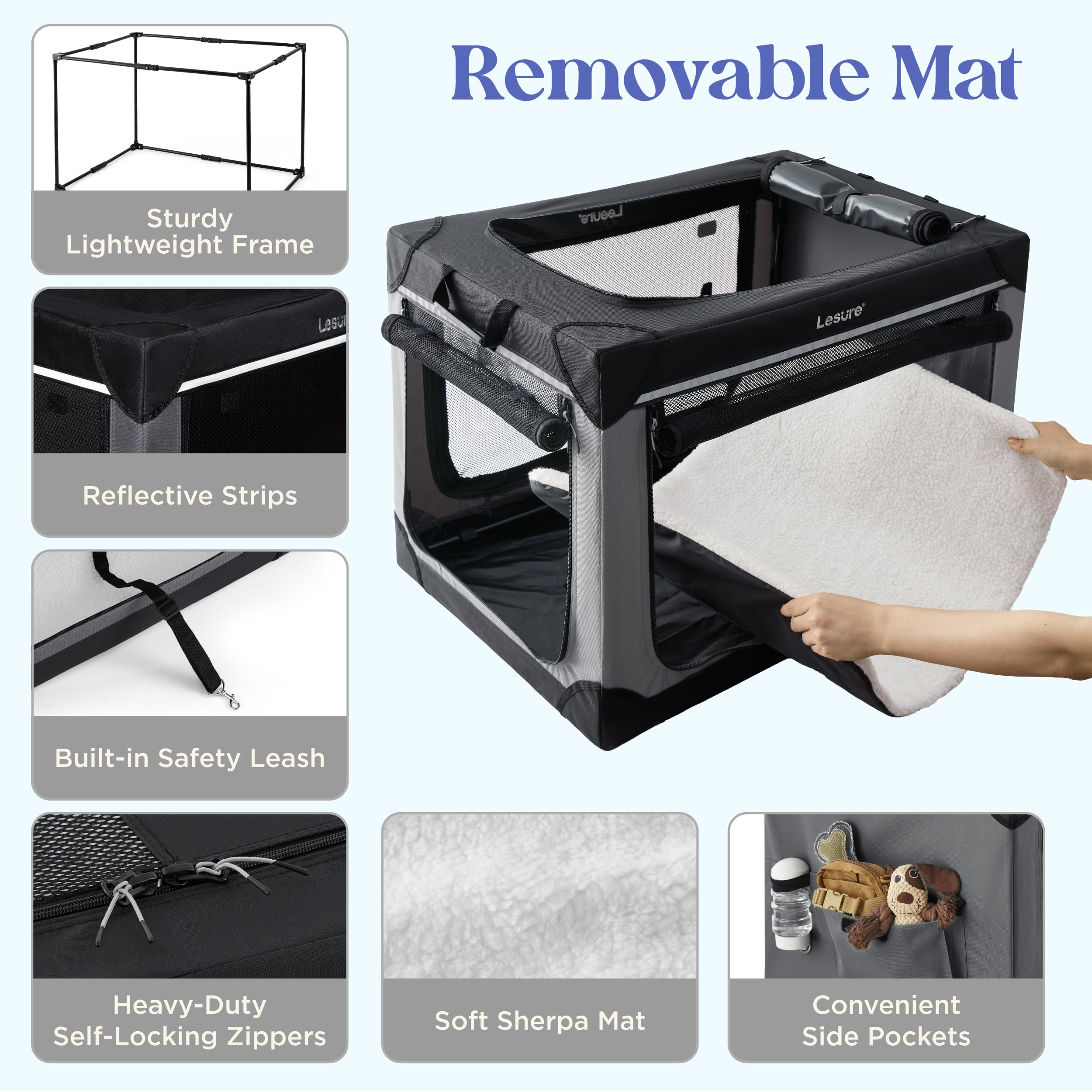 LE SURE waterproof fabric and washable mat simplify cleaning after outdoor use.