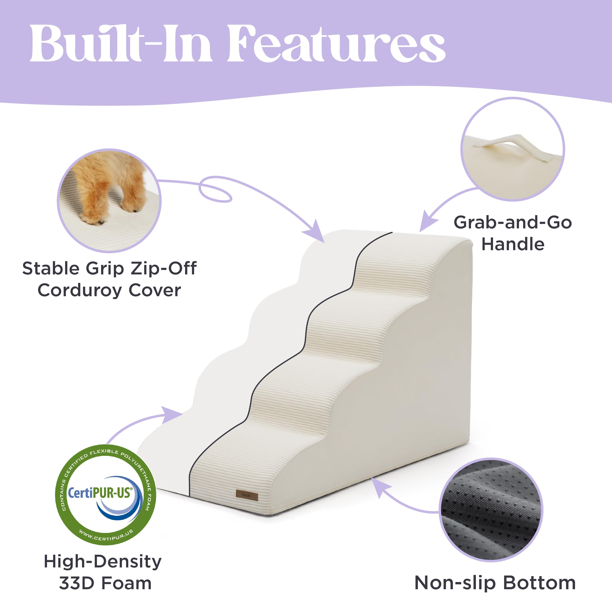 LE SURE Lesure dog stairs foam core close-up highlighting CertiPUR-US foam.