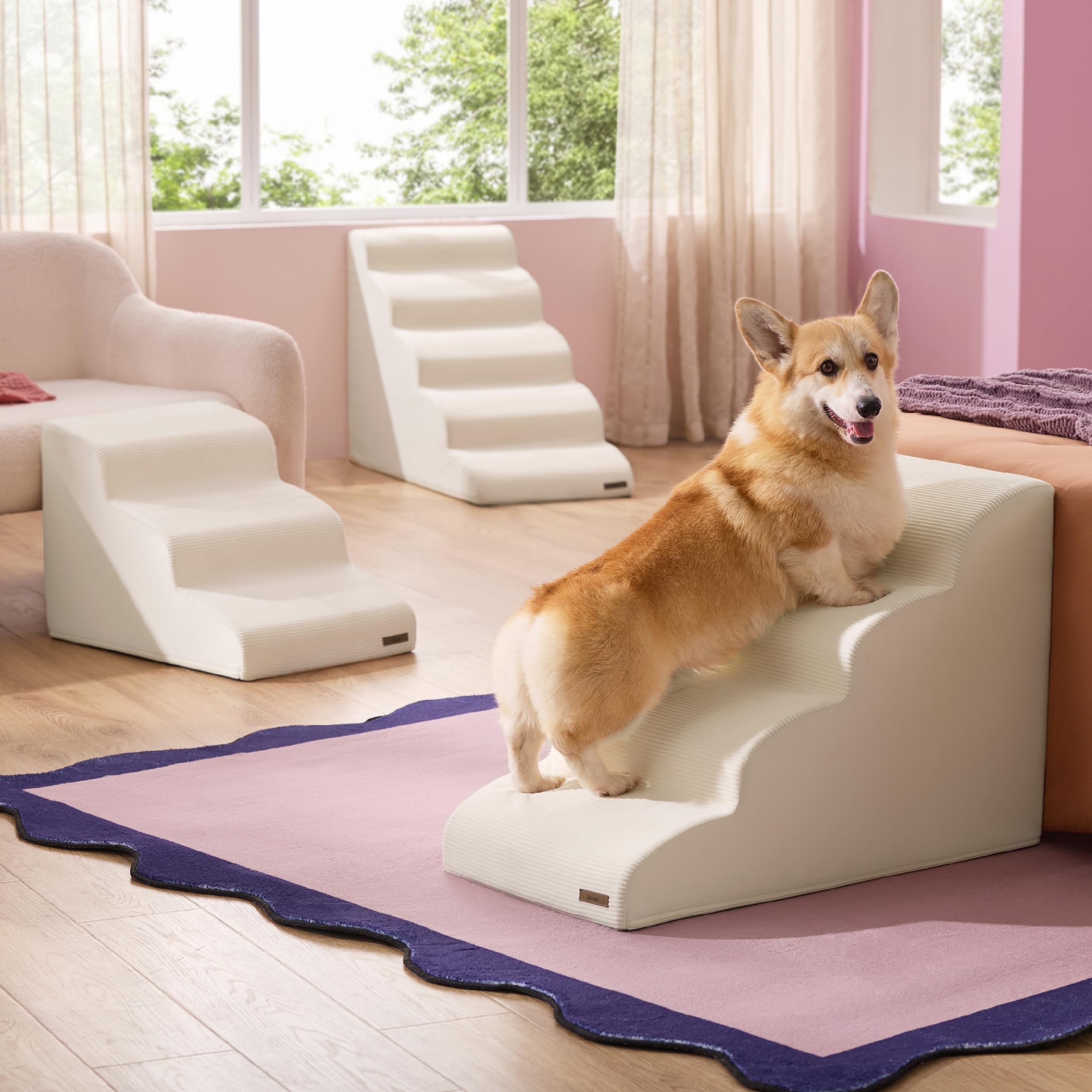 LE SURE Lesure dog stairs front view highlighting wide steps for easy access.