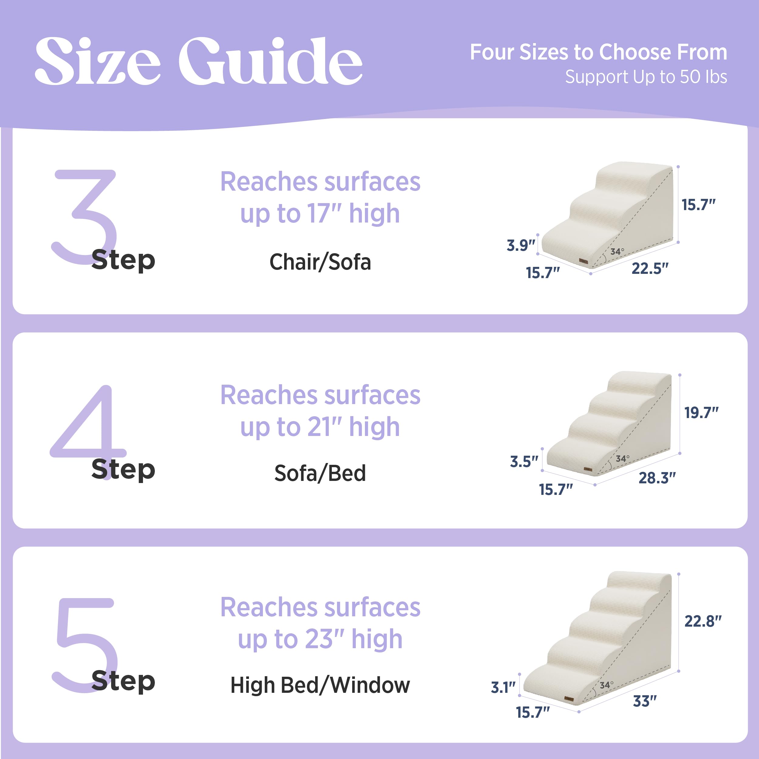 LE SURE Lesure dog stairs in use on bed illustrating easy access for pets.