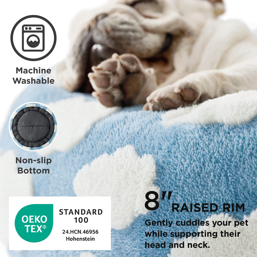 LE SURE Lesure donut bed blue rolled cover illustrating easy machine-wash maintenance