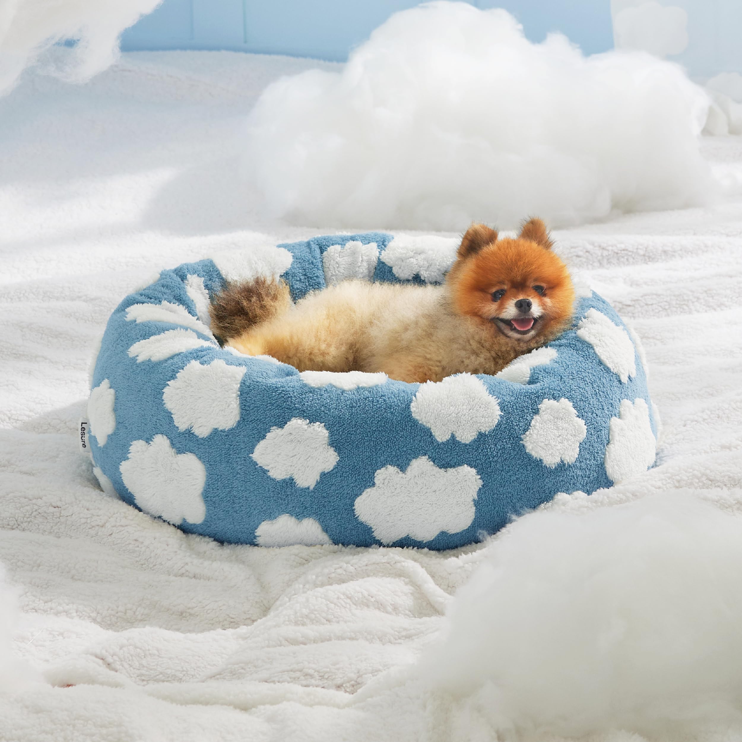 LE SURE Lesure donut bed blue pattern-closeup shows Bow/Cloud/Flower accents.