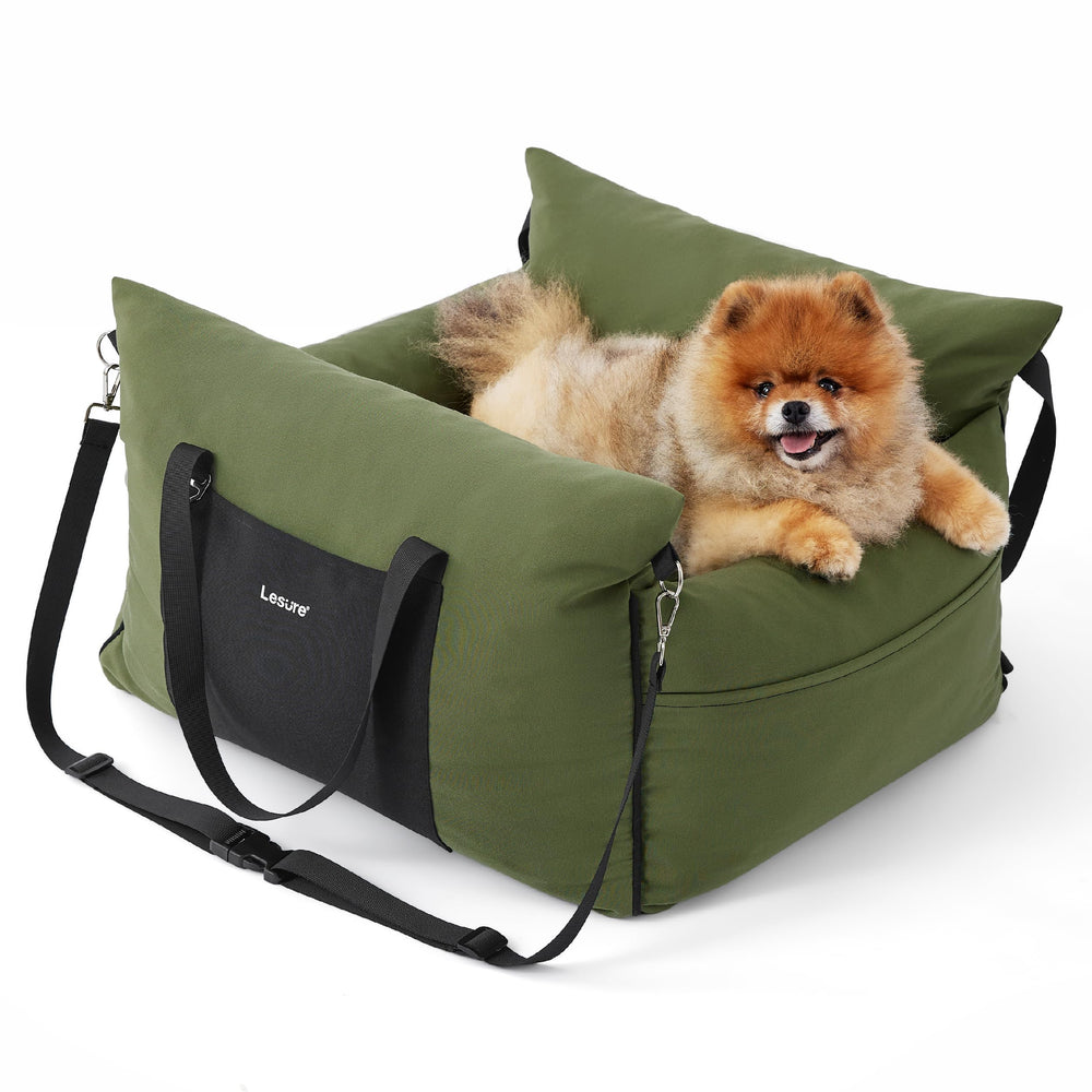 LE SURE Lesure small dog car seat front view with secure installation shown for road trips