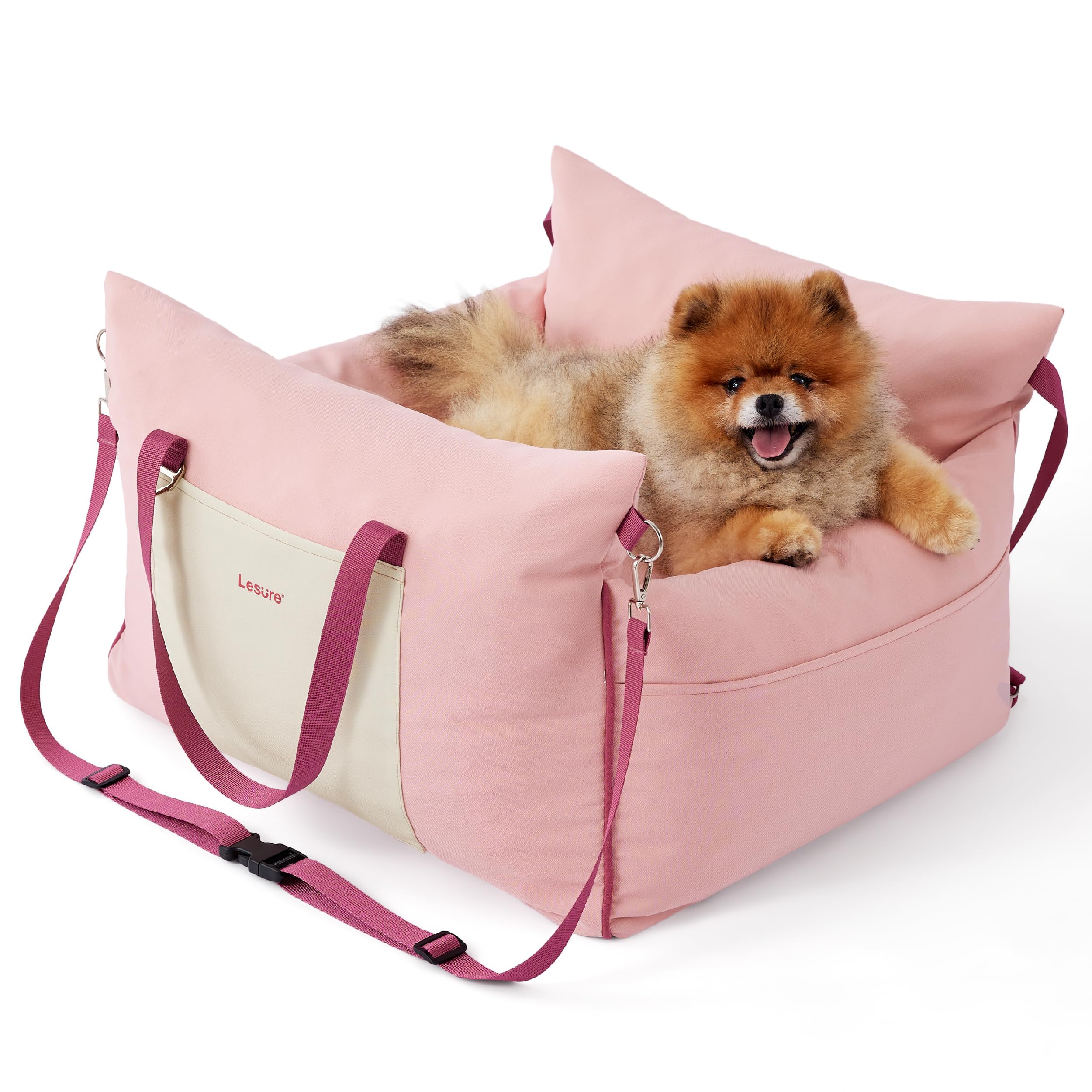 LE SURE Lesure small dog car seat front view with four secure attachments for safe travels