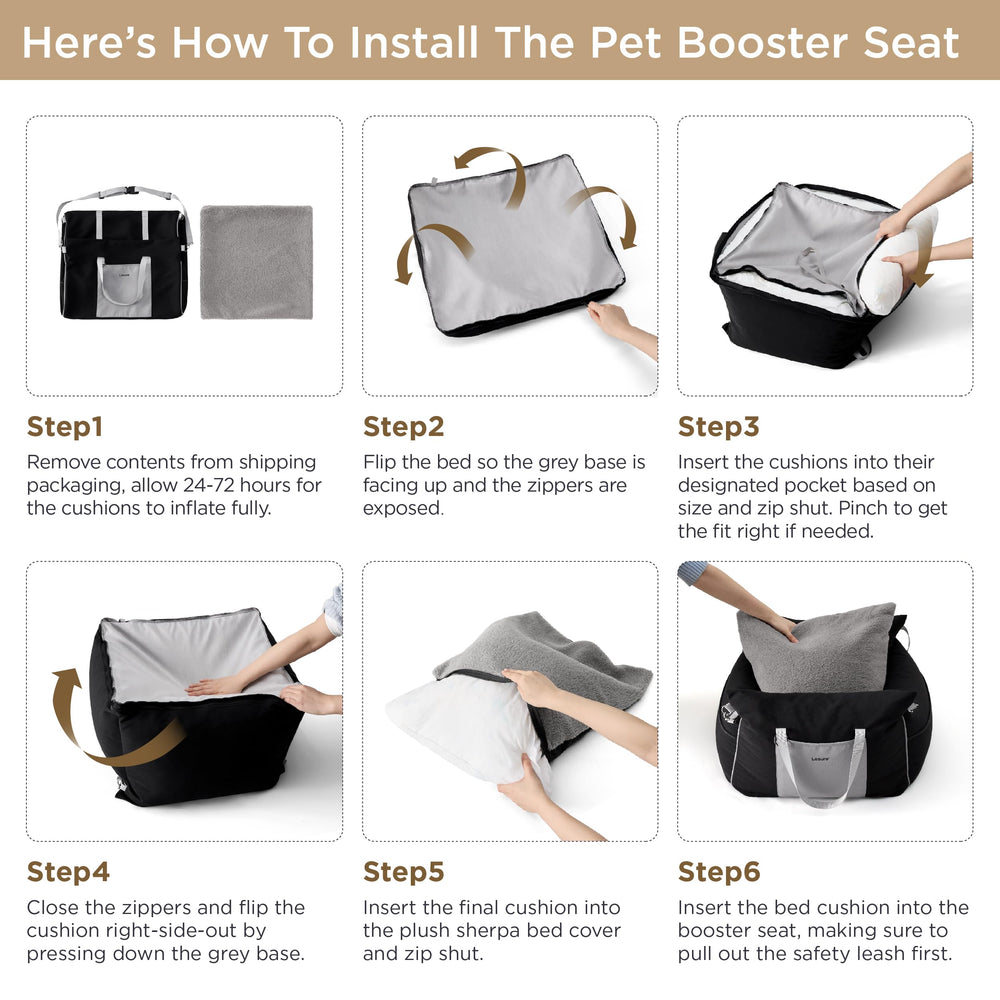 Lesure booster shown converting to a travel bed mode for resting pets