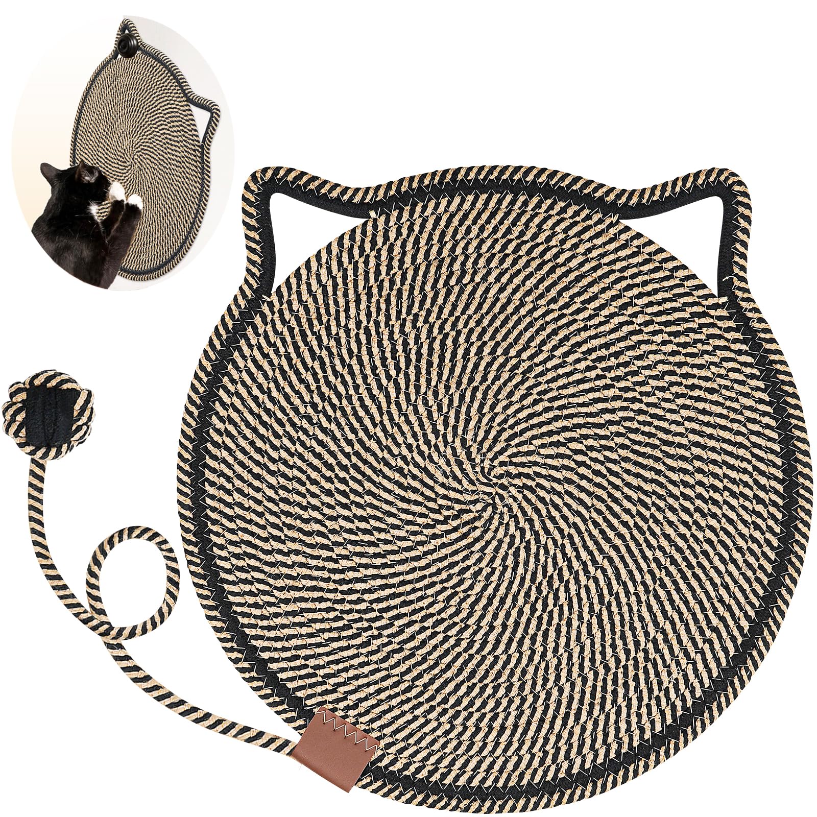 Letalong cat scratcher mat round top view highlights natural cotton rope texture and furniture protection.