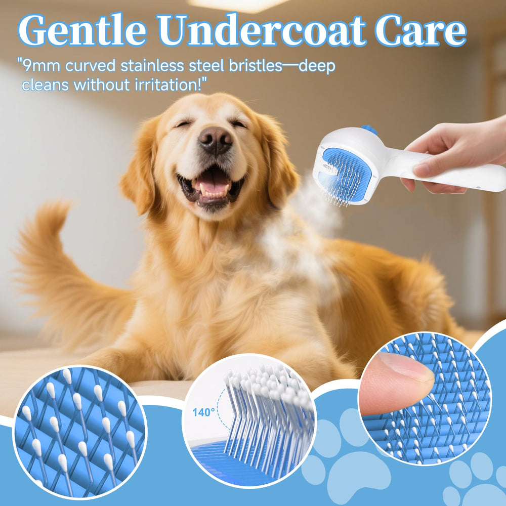 LetsFeed Pet Steam Brush one-click-clean demonstrates quick post-brush cleanup