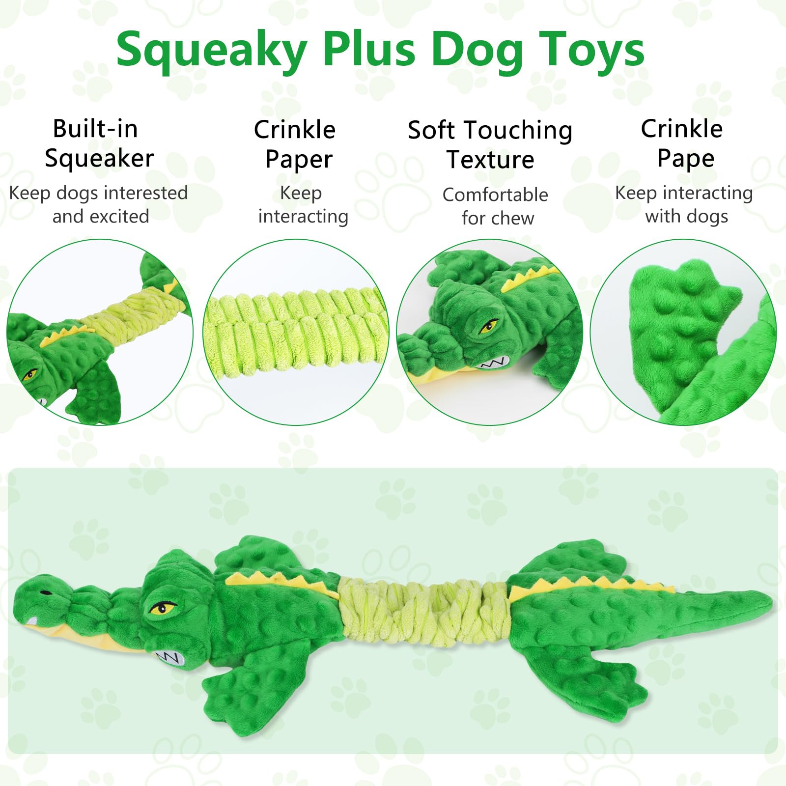 Letsmeet alligator-toy-crinkle-inside close-up showing sensory crinkle during fetch
