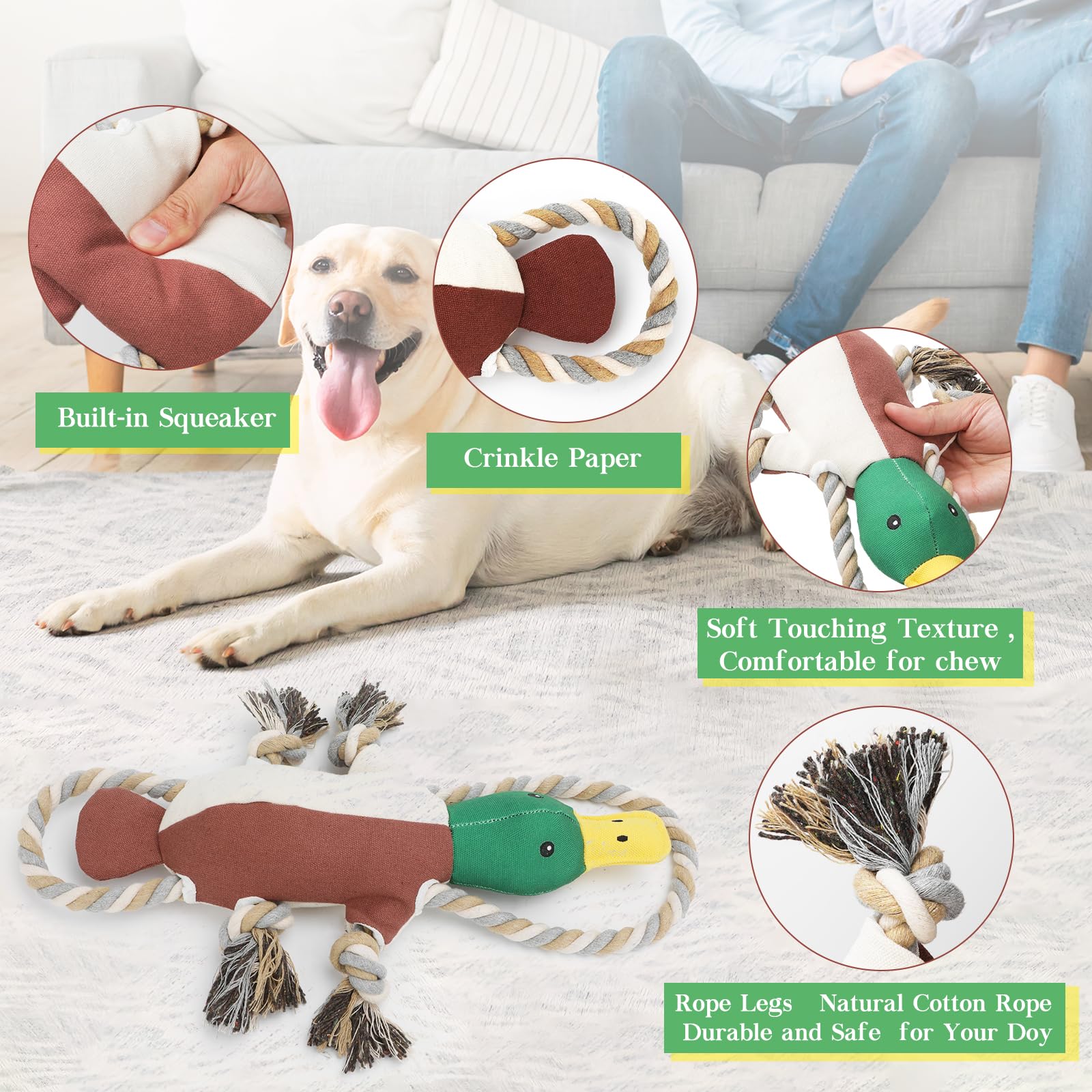 Letsmeet duck toy rope design promotes interactive play and dental-friendly chewing.