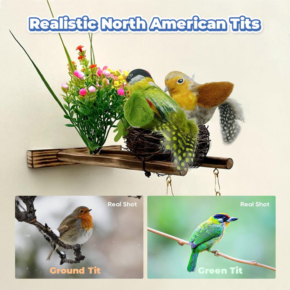 LEWISER chirping-tit green toy, swinging wand-ready setup for interactive play sessions.