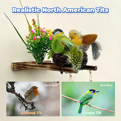 LEWISER chirping-tit green toy, swinging wand-ready setup for interactive play sessions.