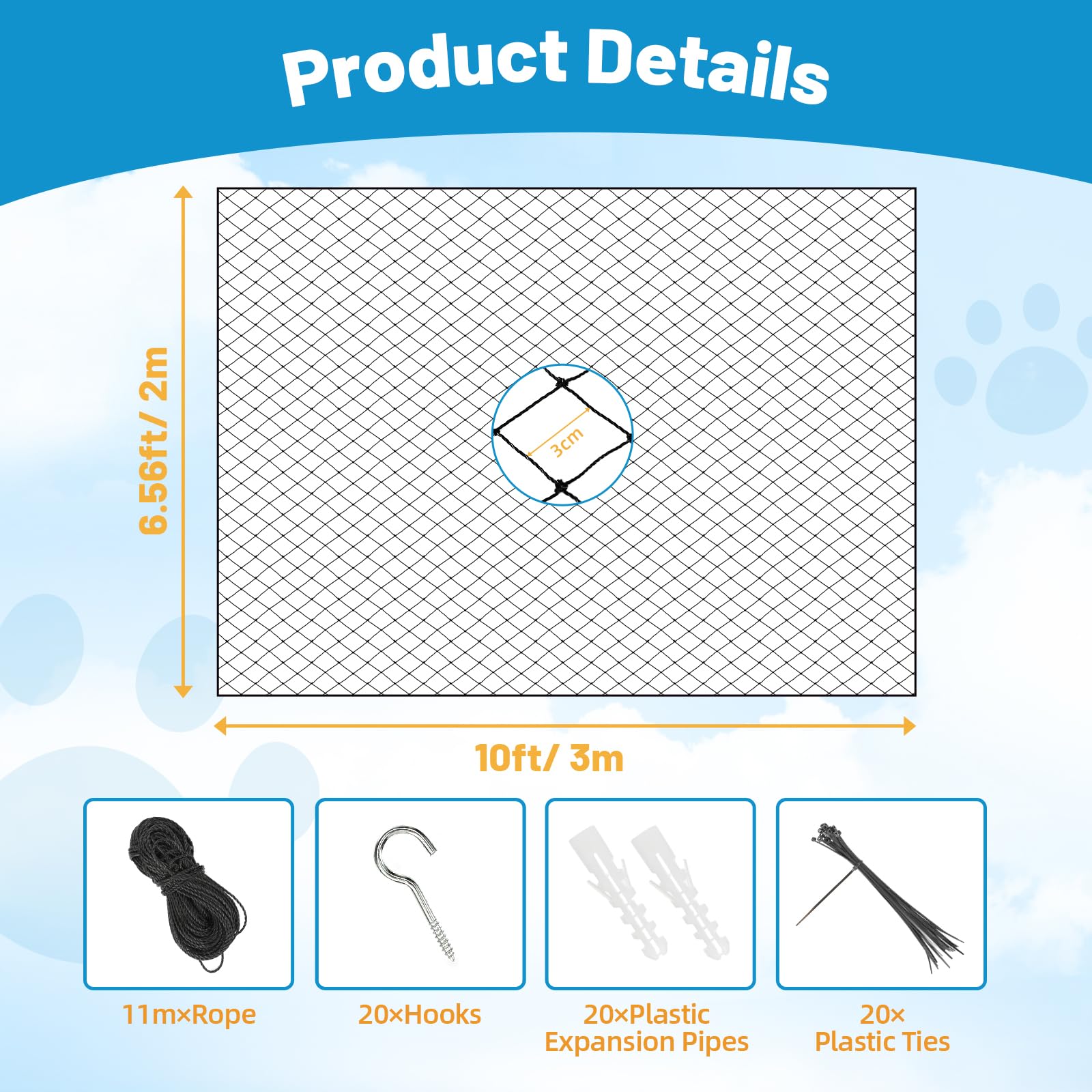 Lewondr cat-netting easy-install-steps illustrates quick fence setup.